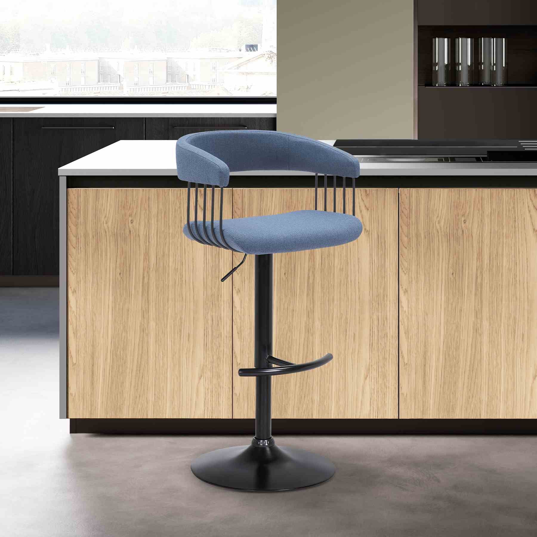 Calista Adjustable Bar Stool in Blue Fabric with Black Metal - Image 8