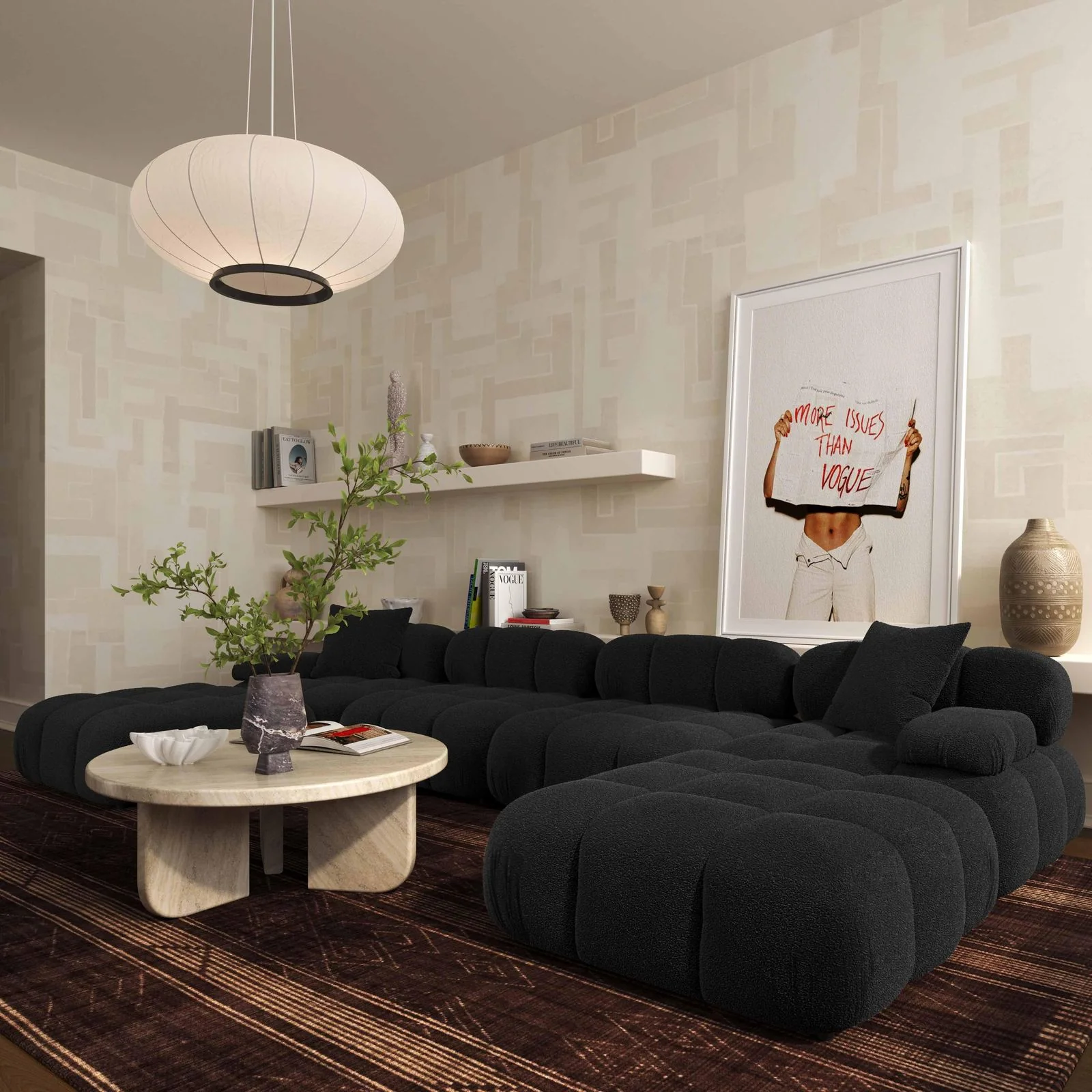 Calliope Black Vegan Shearling 6-piece Modular U-Sectional - Image 2