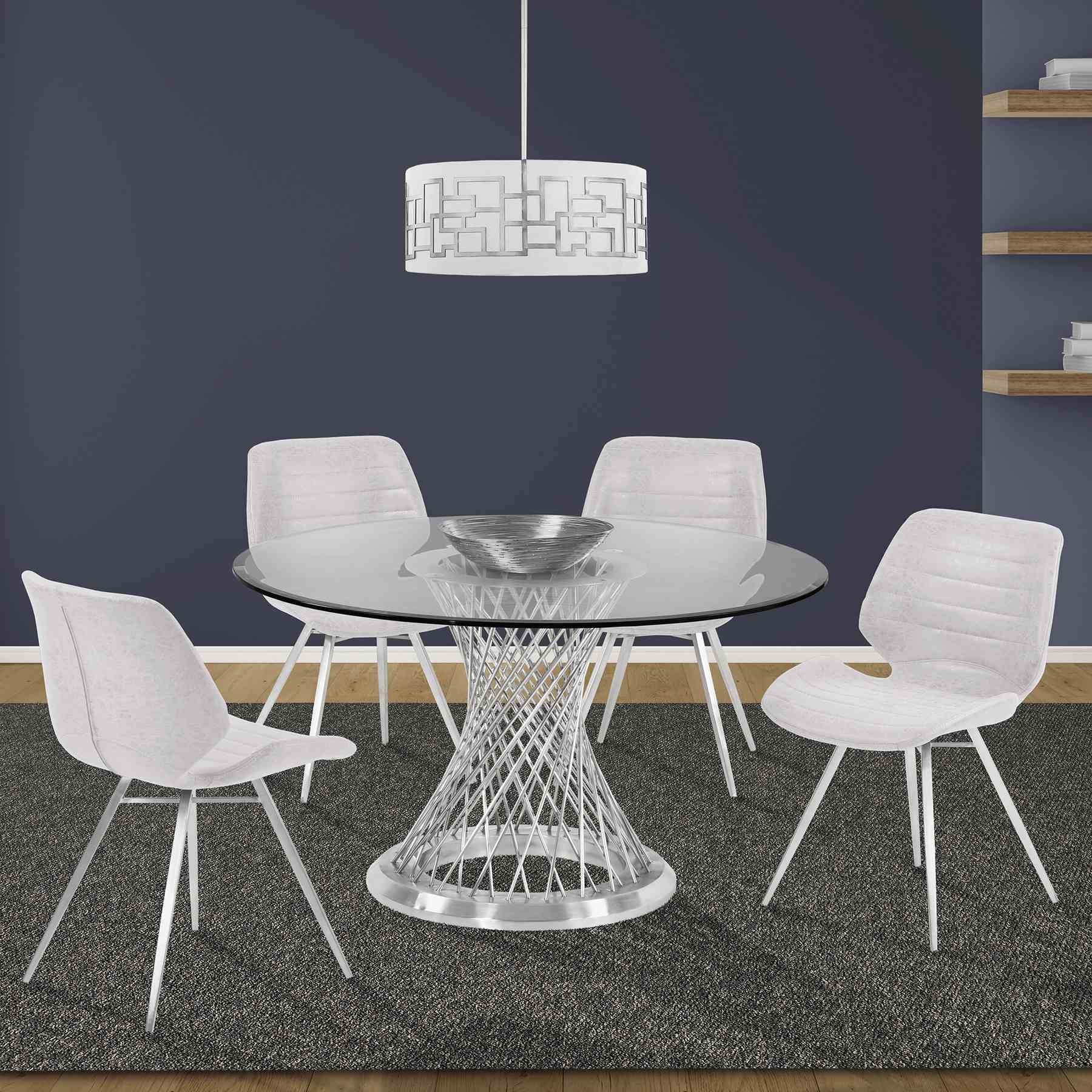 Calypso Contemporary Dining Table in Brushed Stainless Steel with Clear Tempered Glass Top - Image 6