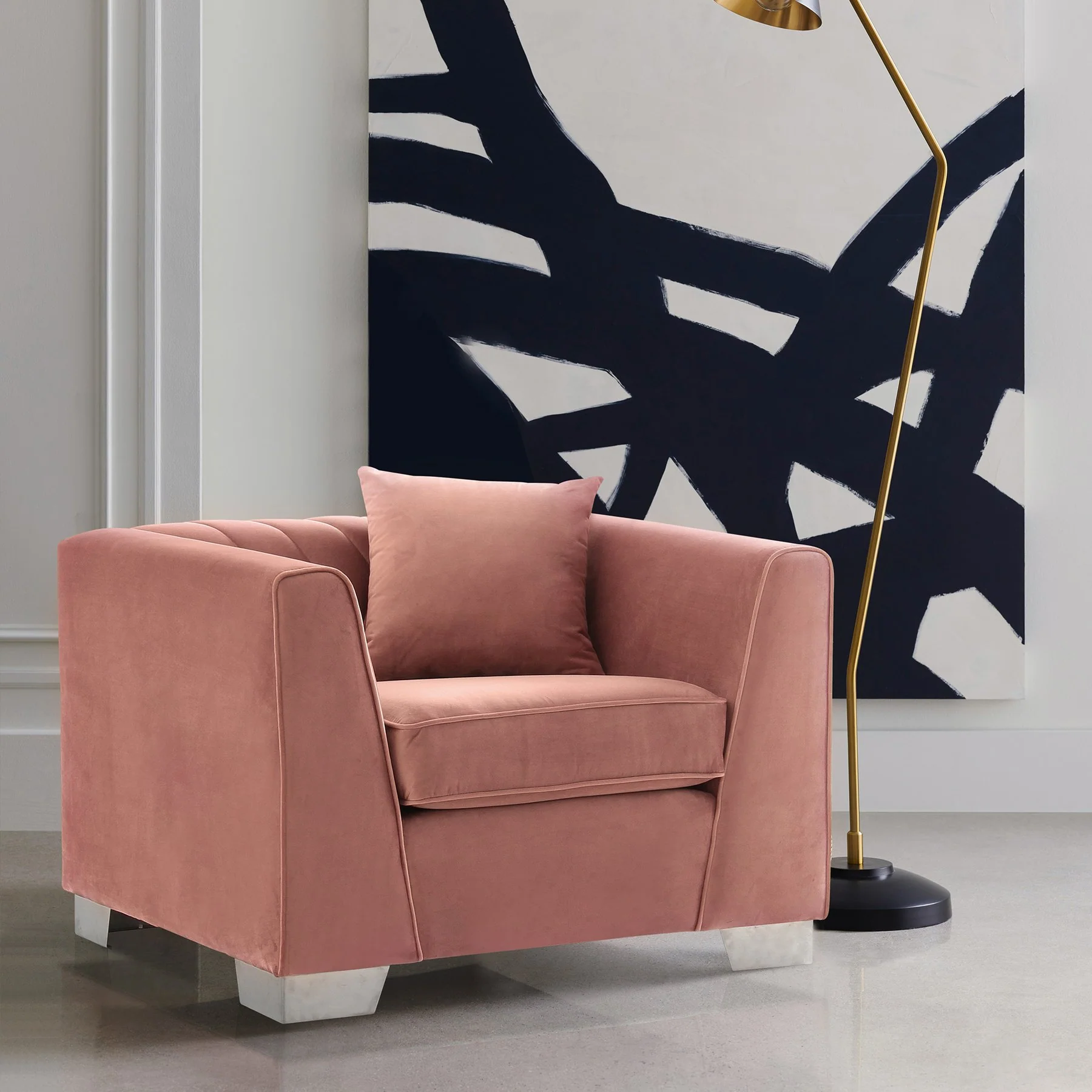 Cambridge Contemporary Chair in Brushed Stainless Steel and Blush Velvet - Image 3