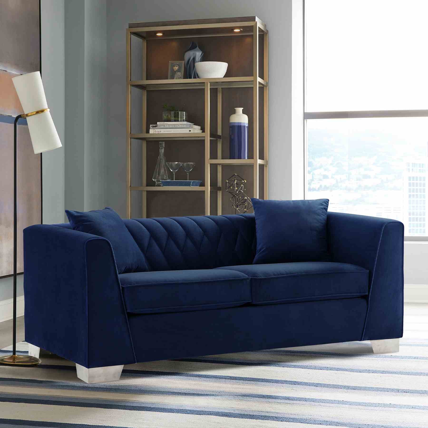 Cambridge Contemporary Loveseat in Brushed Stainless Steel and Blue Velvet - Image 4