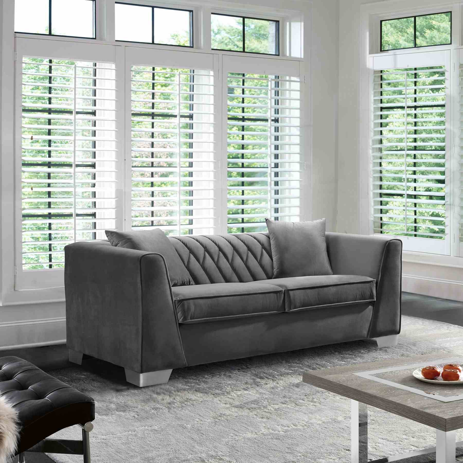 Cambridge Contemporary Loveseat in Brushed Stainless Steel and Dark Gray Velvet - Image 3