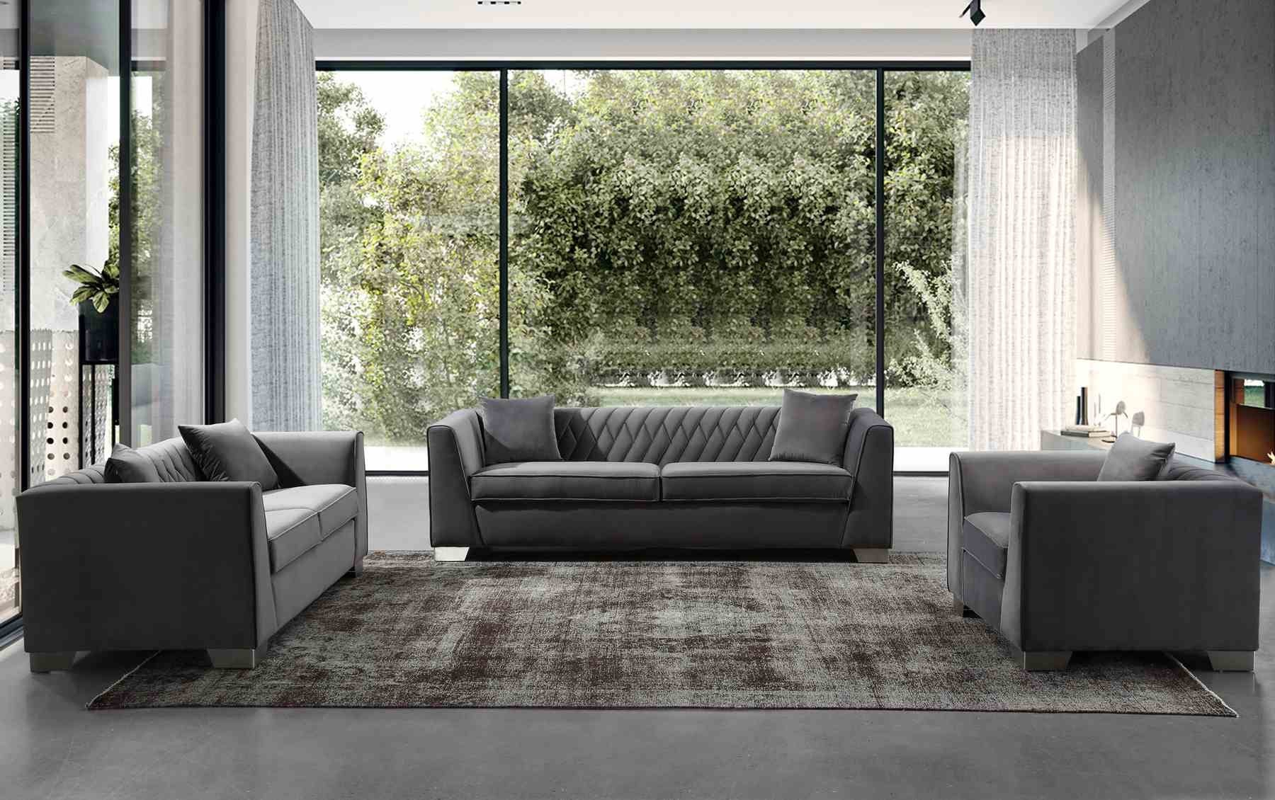 Cambridge Contemporary Loveseat in Brushed Stainless Steel and Dark Gray Velvet - Image 4