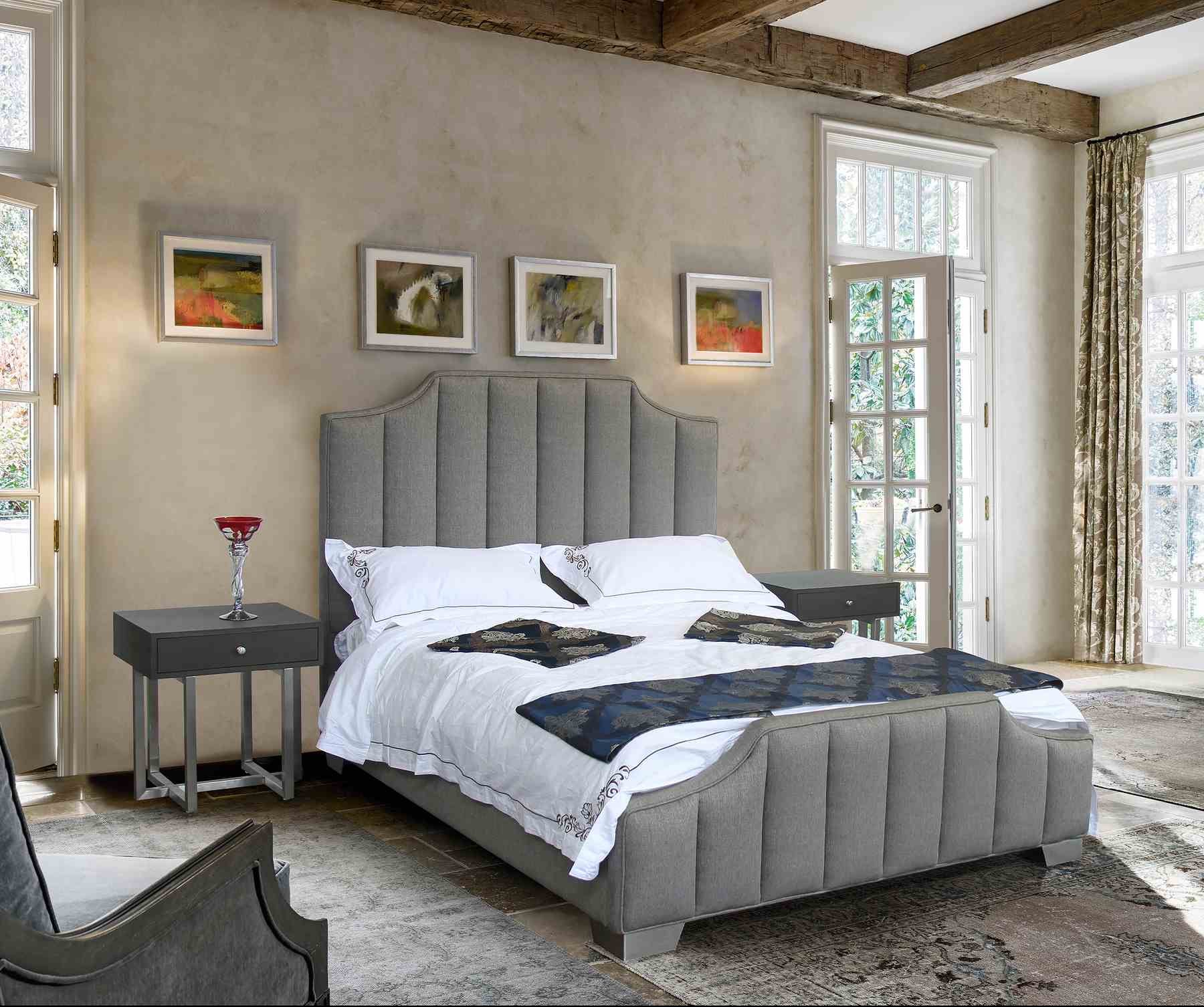 Camelot Contemporary Queen Bed with Polished Stainless Steel and Gray Fabric - Image 2