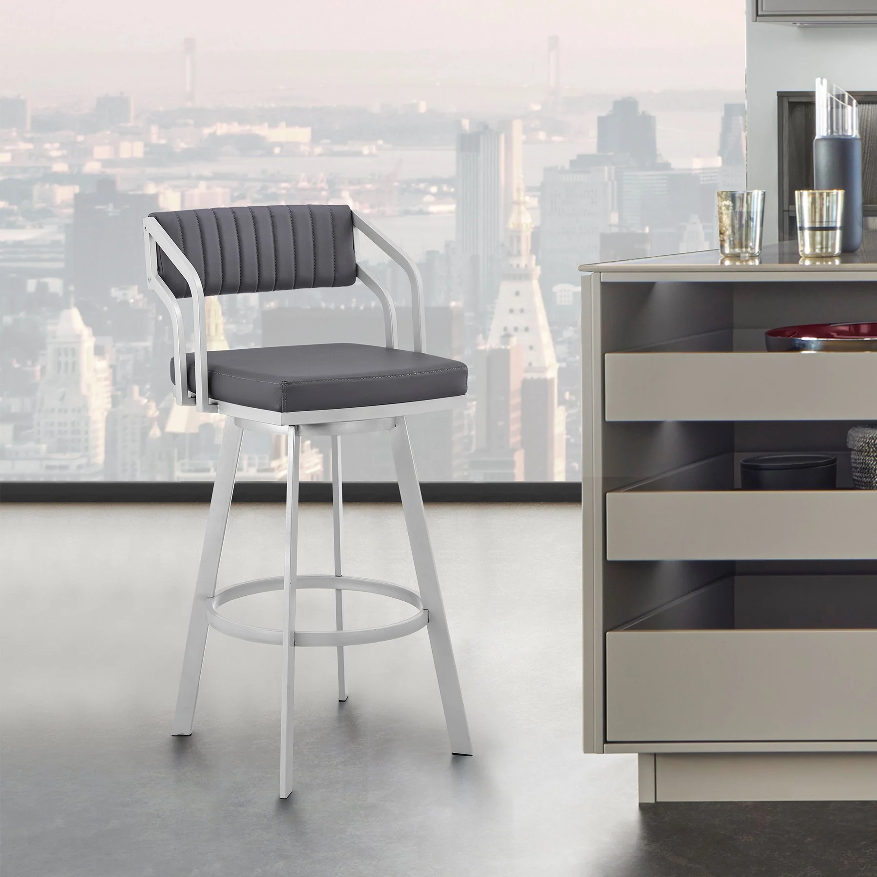 Capri 30" Swivel Slate Gray Faux Leather and Silver Metal Bar Stool - Image 12