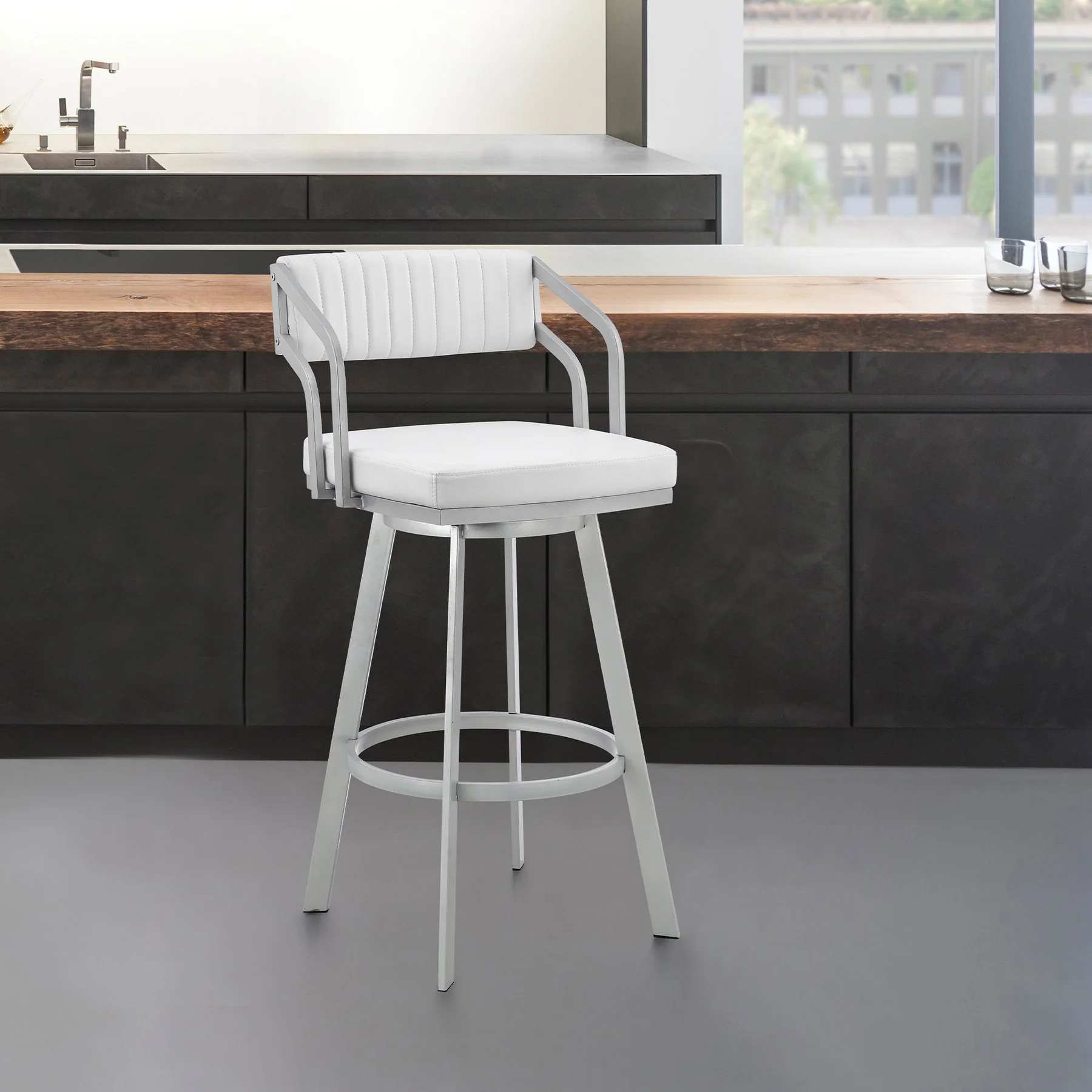Capri 30" Swivel White Faux Leather and Silver Metal Bar Stool - Image 12