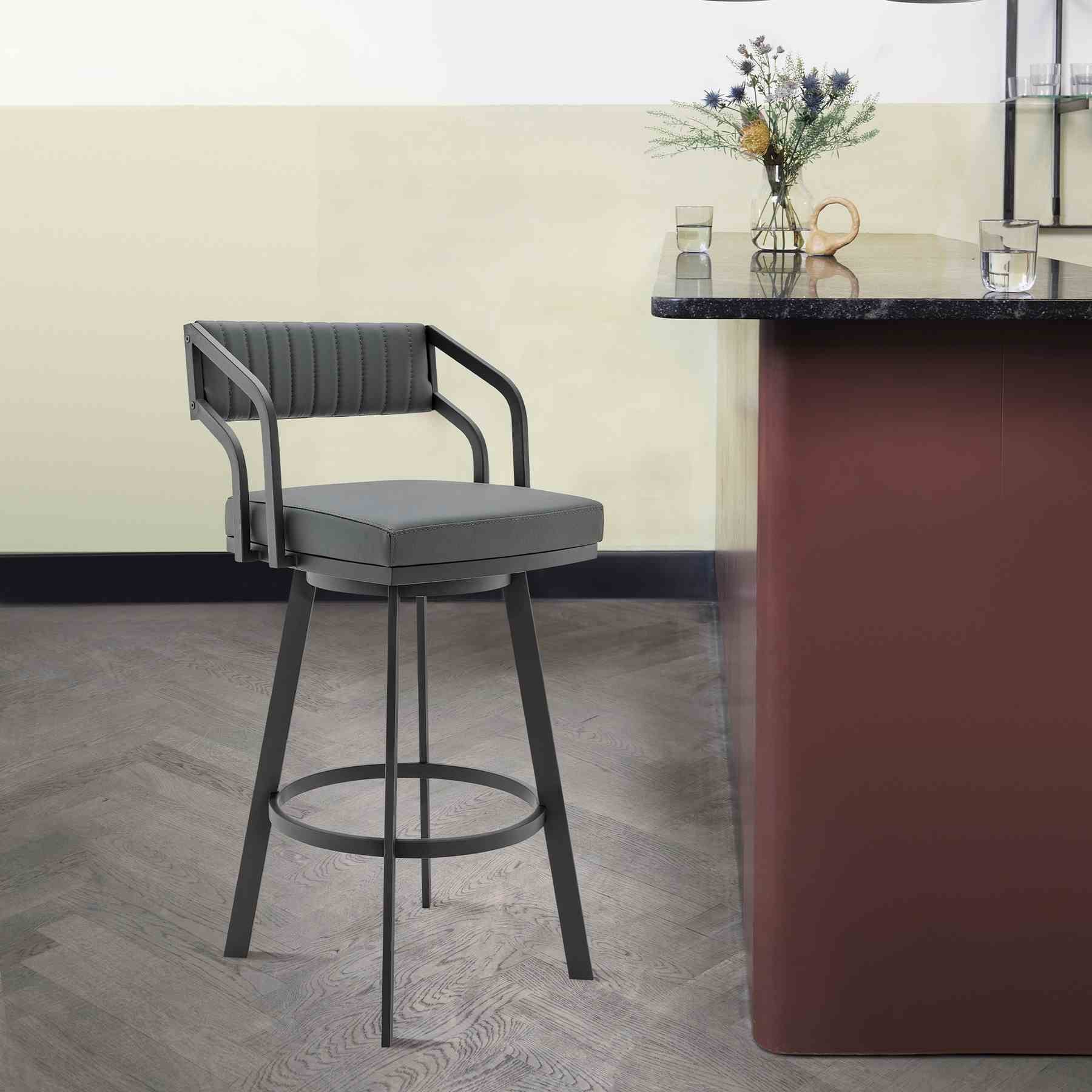 Capri Swivel Modern Black Metal and Slate Gray Faux Leather Bar and Counter Stool - Image 7