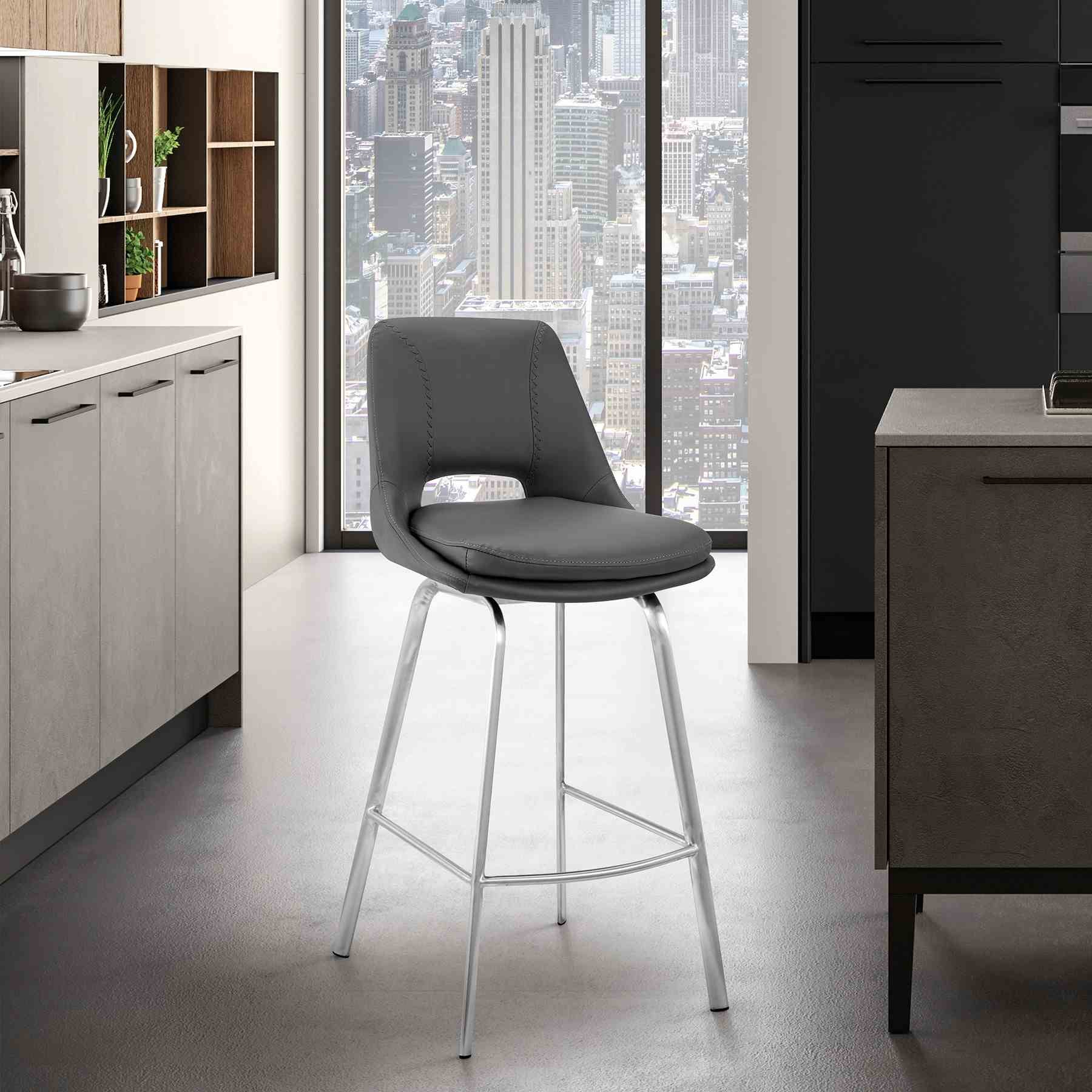 Carise Gray Faux Leather and Brushed Stainless Steel Swivel 30" Bar Stool - Image 11