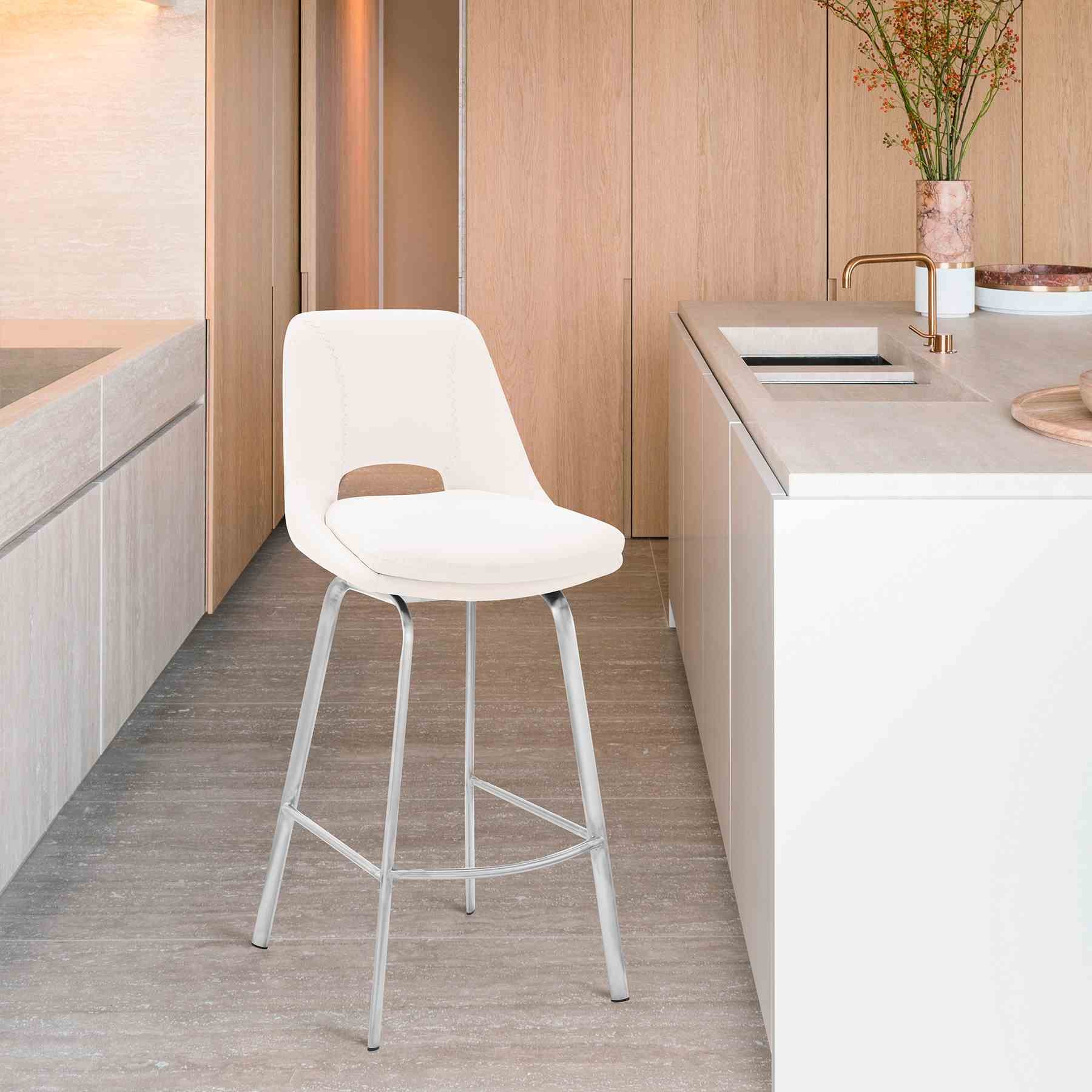 Carise White Faux Leather and Brushed Stainless Steel Swivel 26" Counter Stool - Image 11