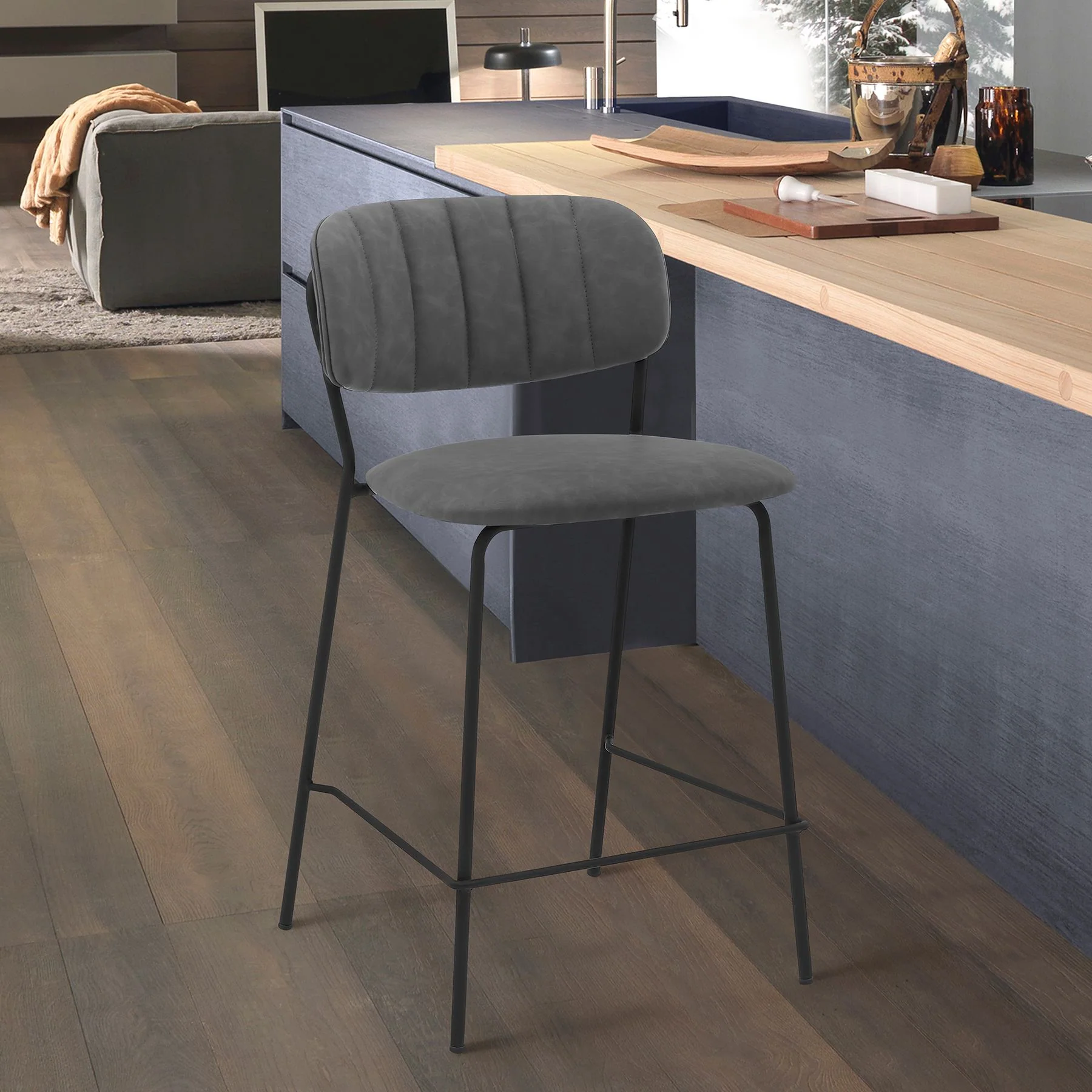 Carlo 26" Gray Faux Leather and Black Metal Counter Height Bar Stool - Image 8
