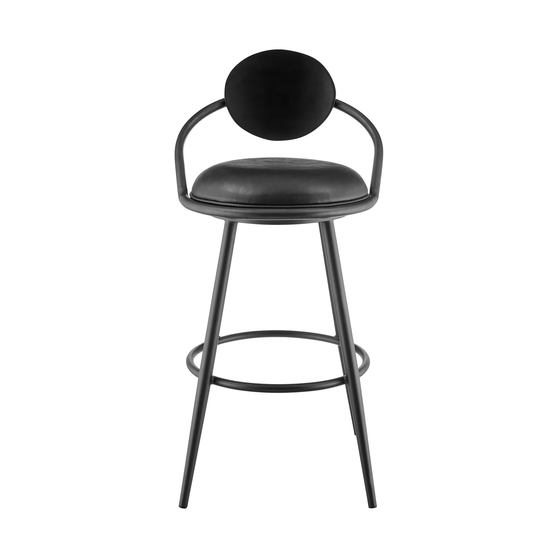 Carnation 26" Swivel Counter Stool in Black Iron with Vintage Black Faux Leather and Black Wood Back - Image 2