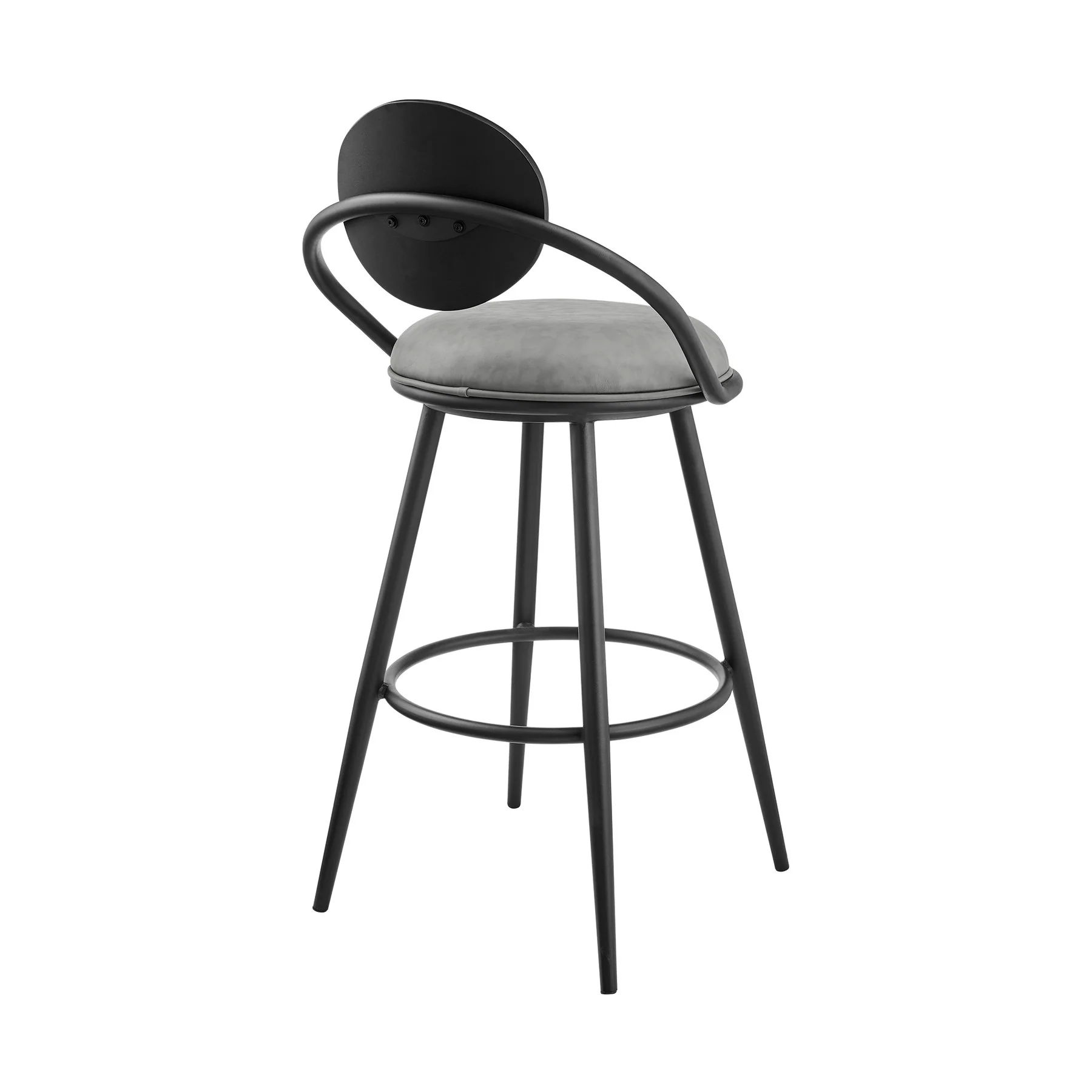 Carnation 26" Swivel Counter Stool in Black Iron with Vintage Gray Faux Leather and Black Wood Back - Image 3