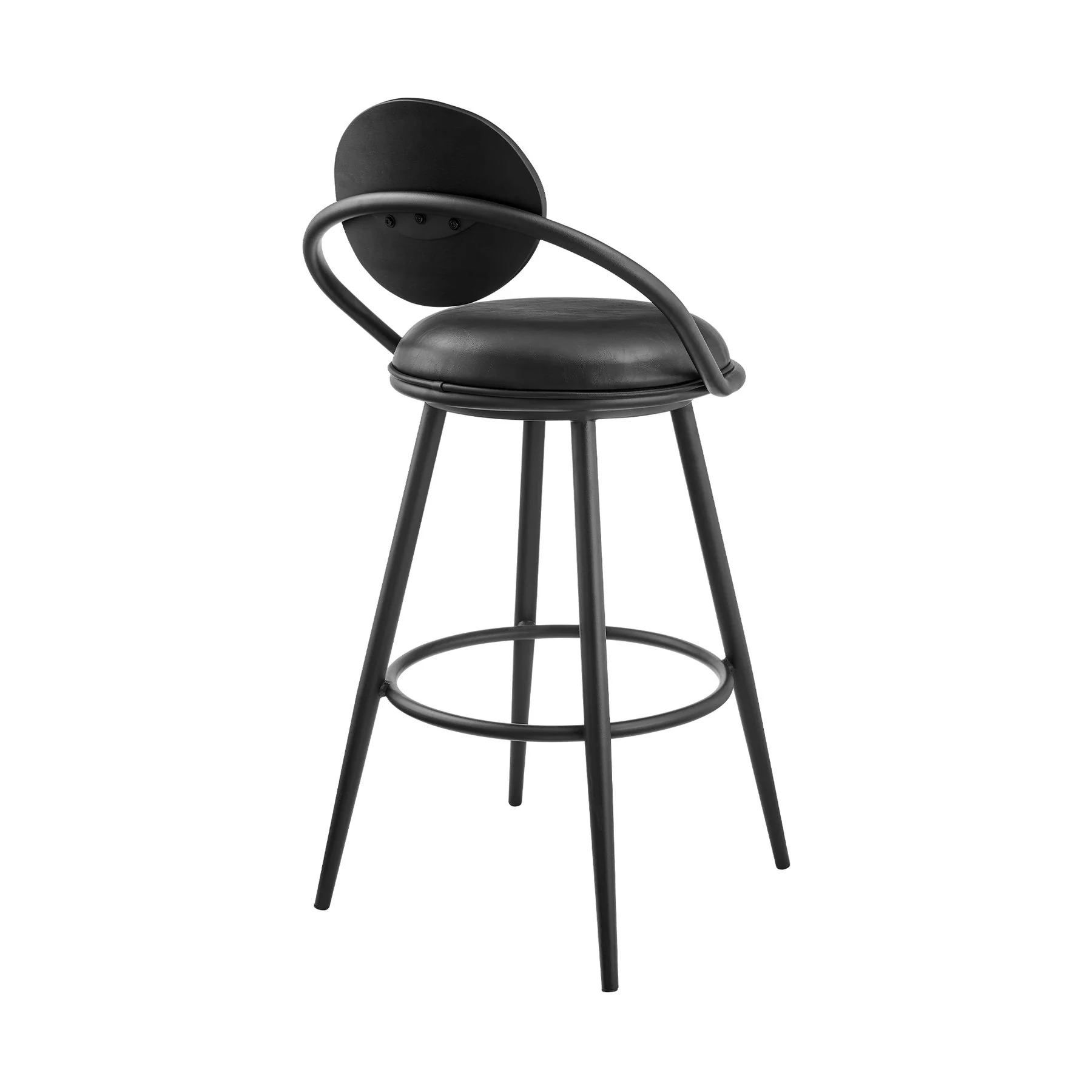 Carnation 30" Swivel Bar Stool in Black Iron with Vintage Black Faux Leather and Black Wood Back - Image 3