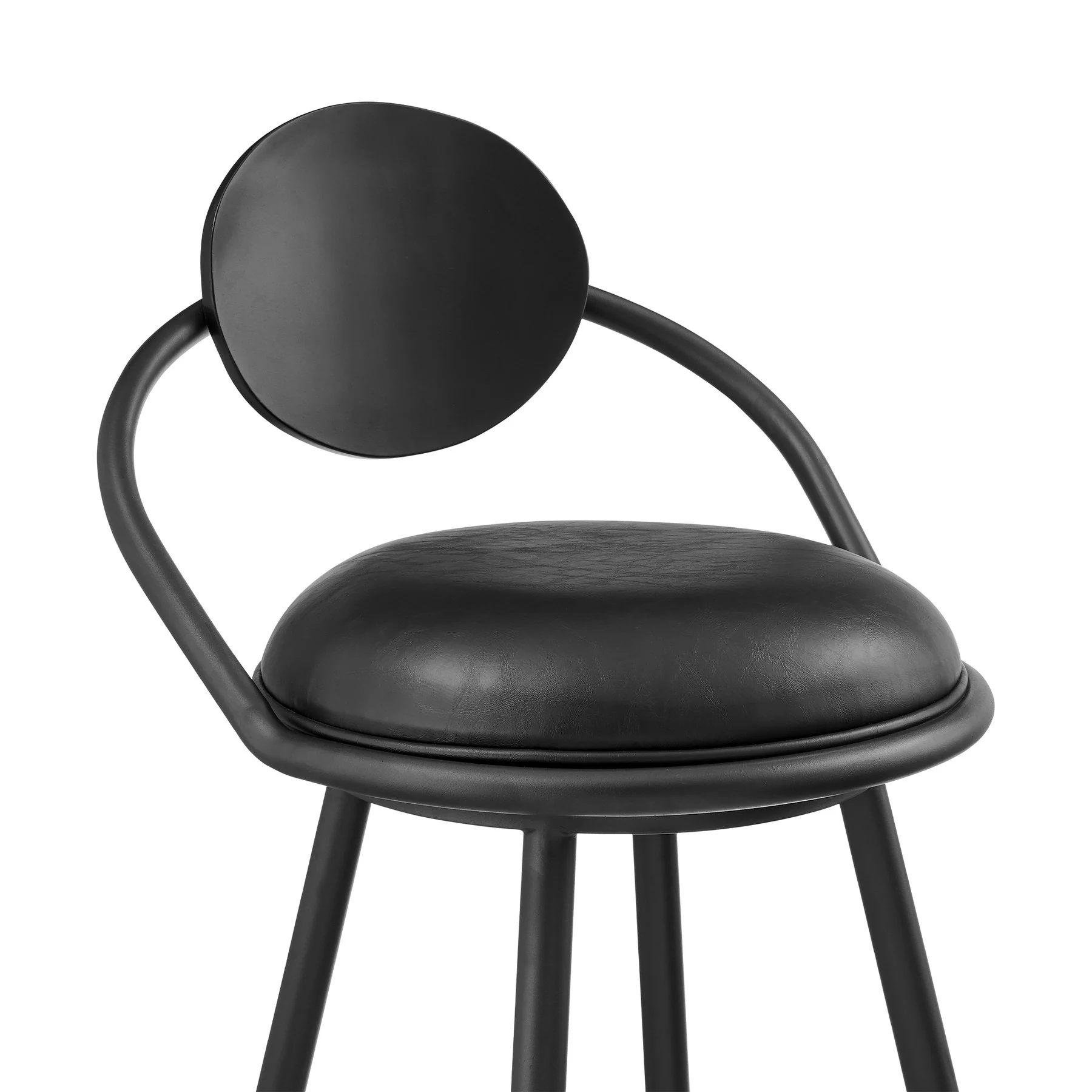 Carnation 30" Swivel Bar Stool in Black Iron with Vintage Black Faux Leather and Black Wood Back - Image 4