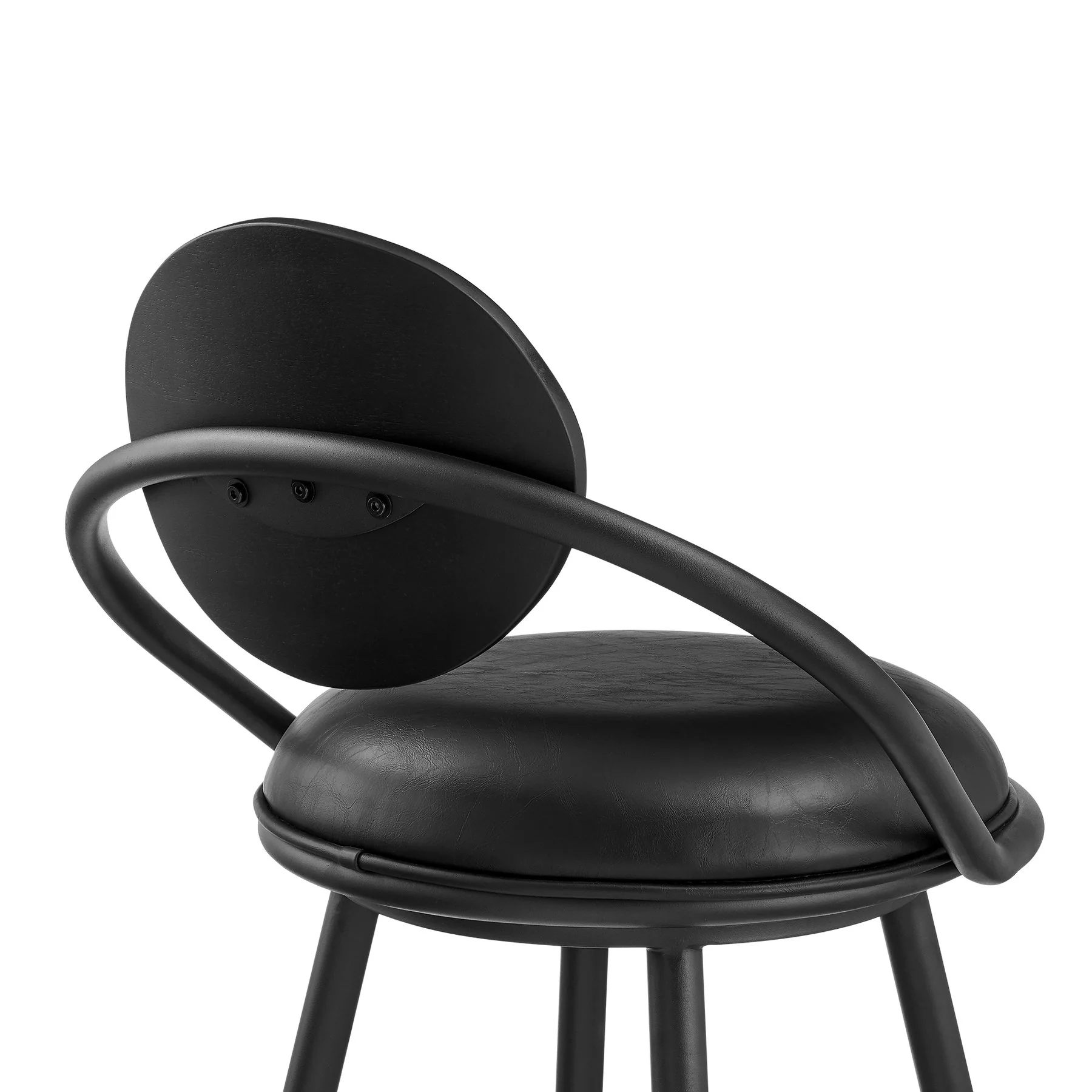 Carnation 30" Swivel Bar Stool in Black Iron with Vintage Black Faux Leather and Black Wood Back - Image 5