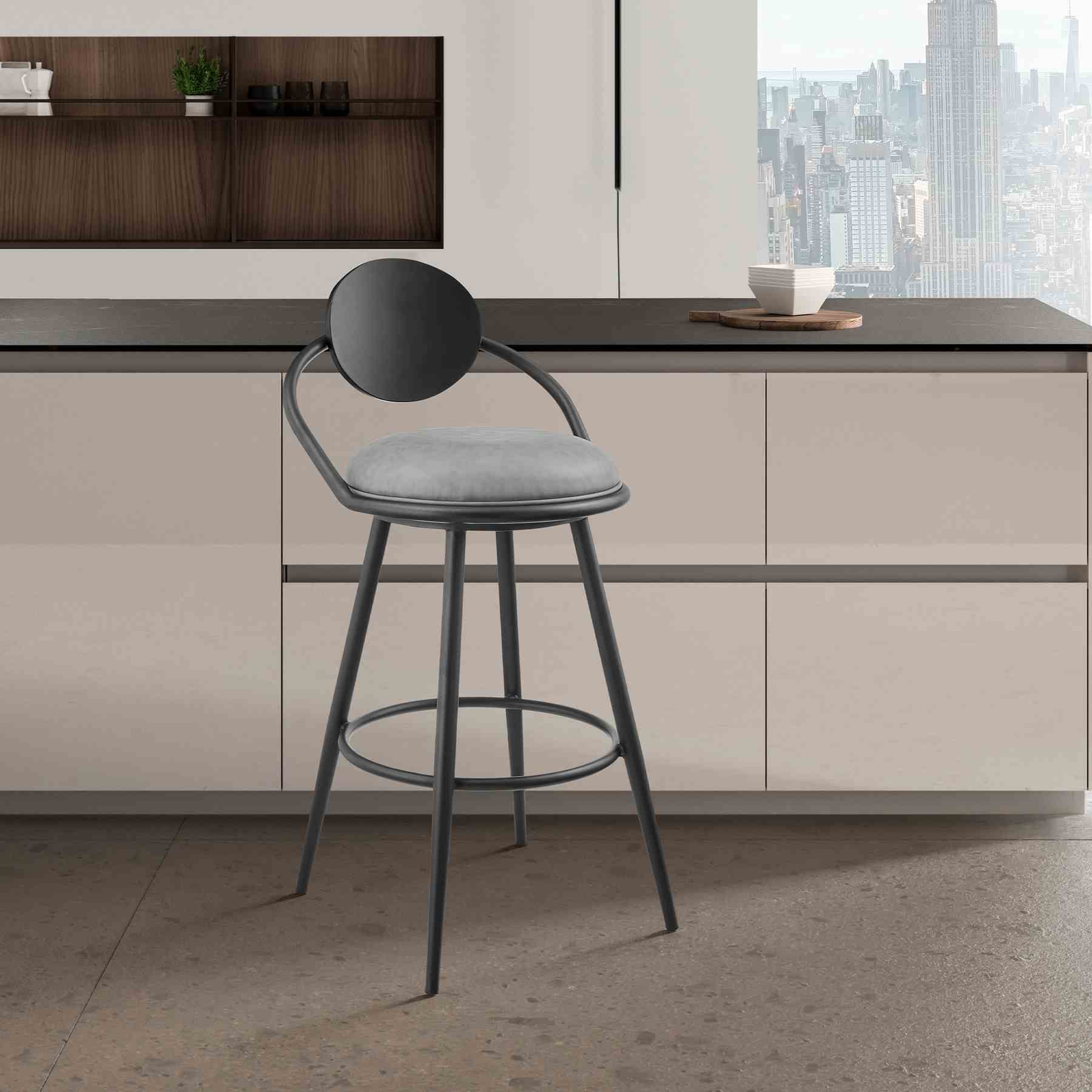 Carnation 30" Swivel Bar Stool in Black Iron with Vintage Gray Faux Leather and Black Wood Back - Image 10