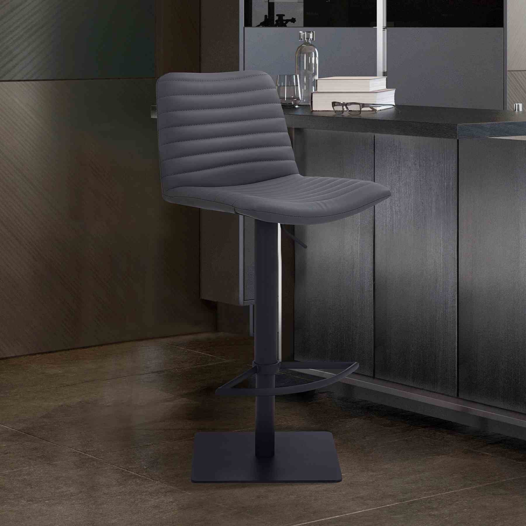 Carson Contemporary Adjustable Barstool in Black Powder Coated Finish and Gray Faux Leather - Image 4