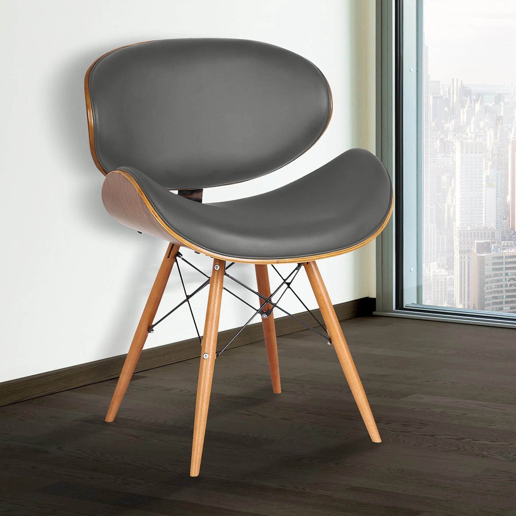 Cassie Mid-Century Dining Chair in Walnut Wood and Gray Faux Leather - Image 9