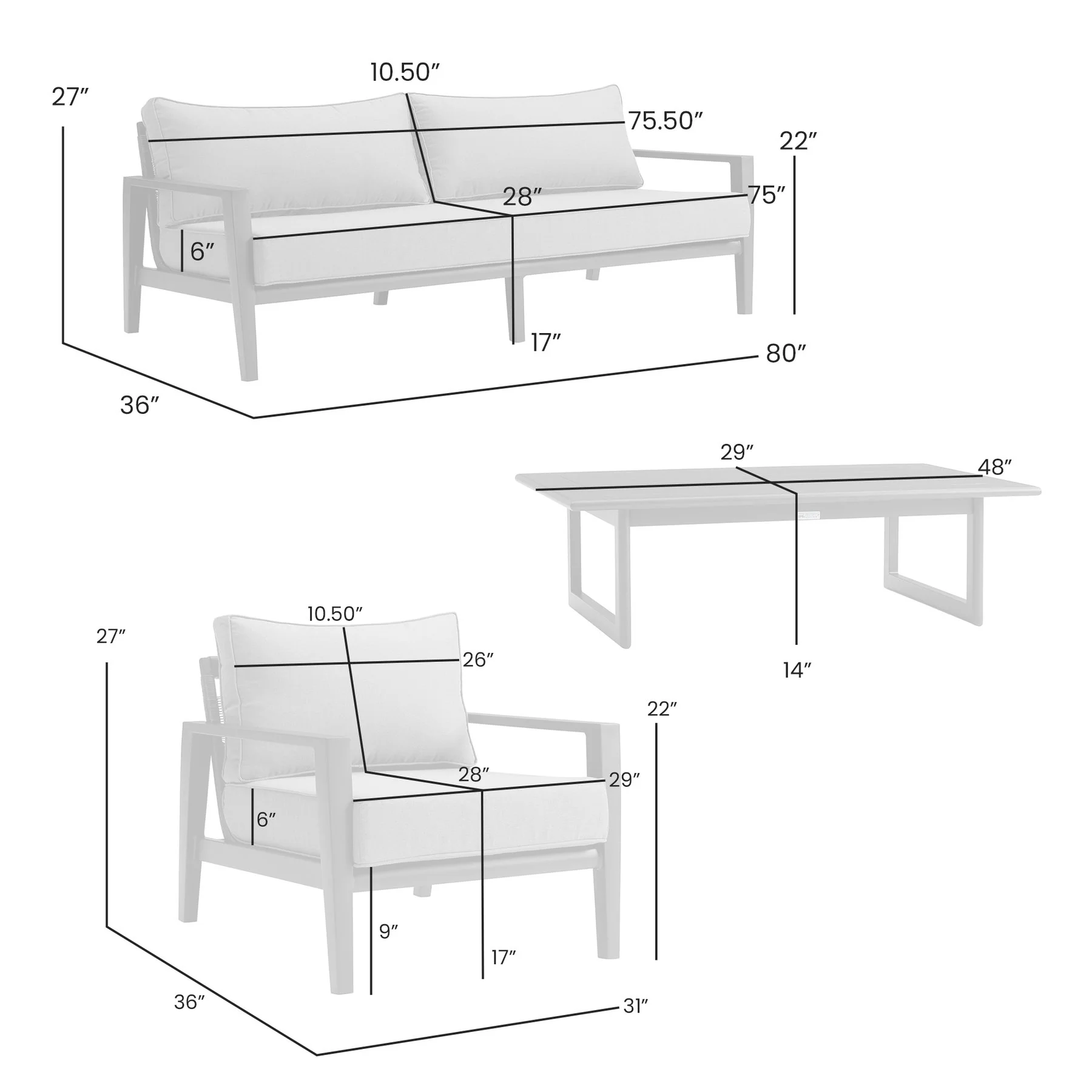 Cayman 4 Piece Black Aluminum Outdoor Seating Set with Dark Gray Cushions - Image 8
