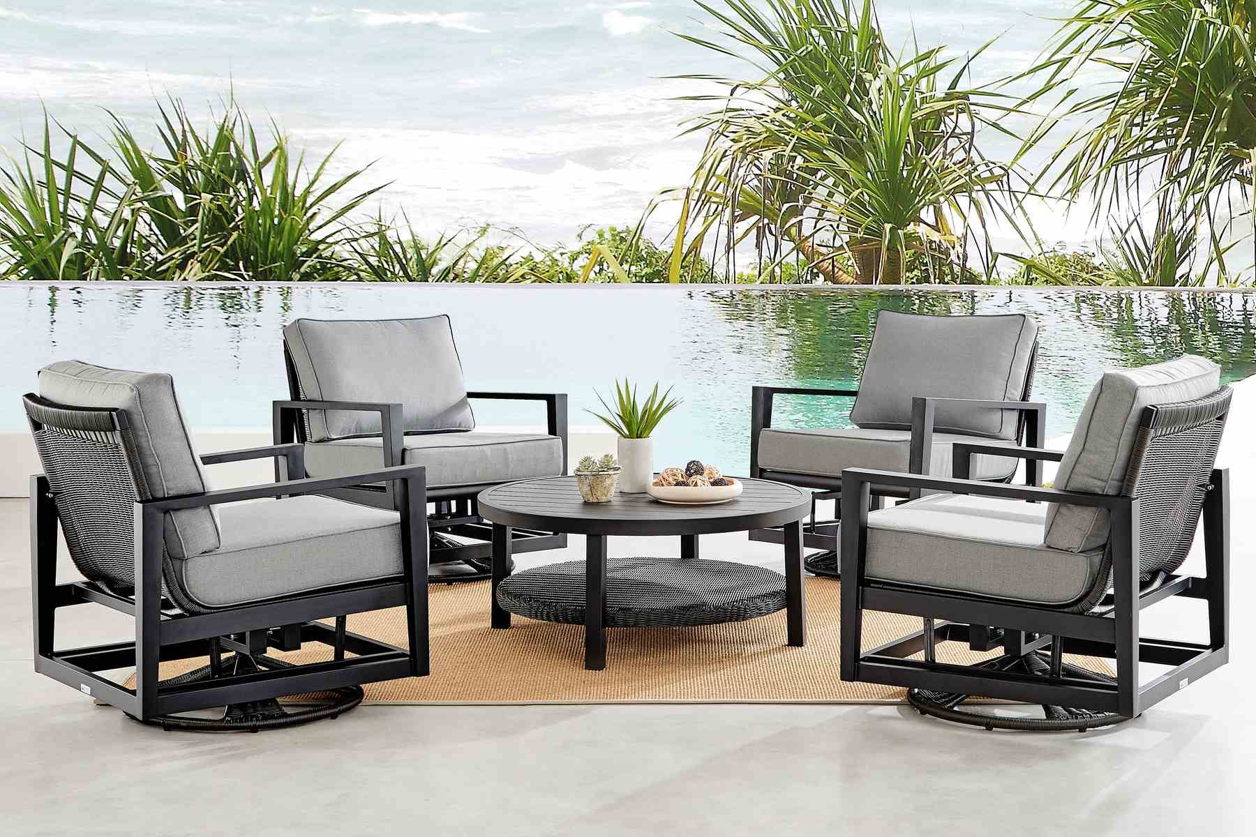 Cayman 5 Piece Black Aluminum Outdoor Seating Set with Dark Gray Cushions - Image 9