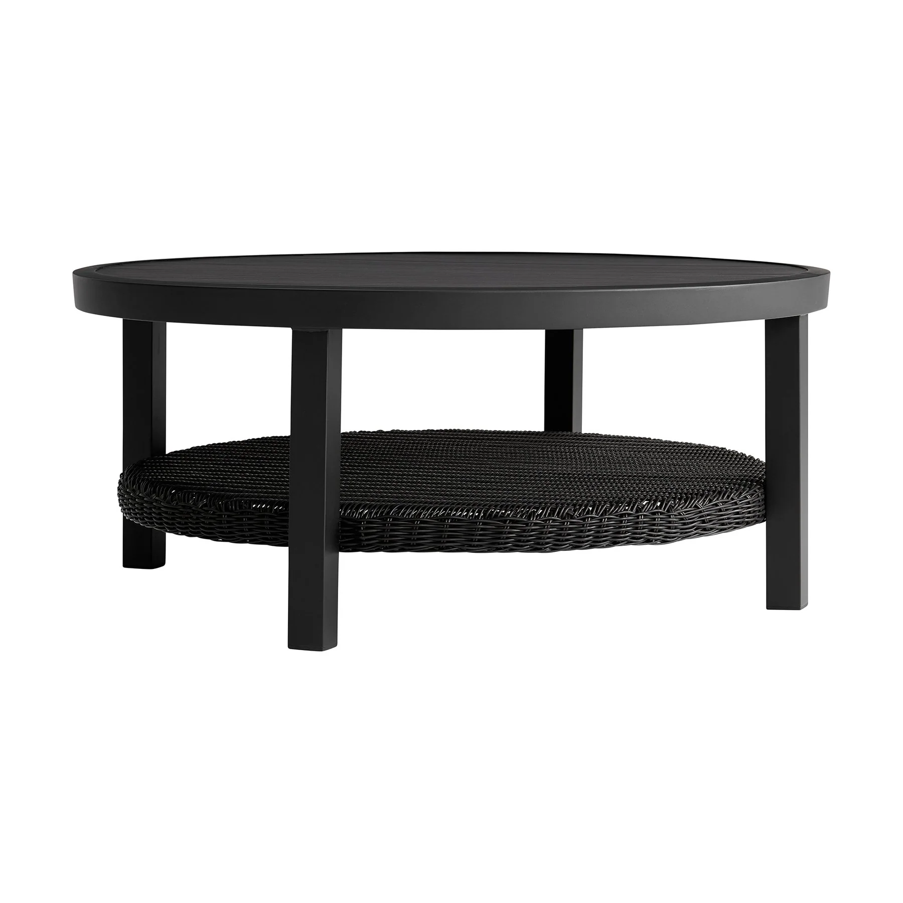 Cayman Black Aluminum Outdoor Round Conversation Table with Wicker Shelf - Image 2