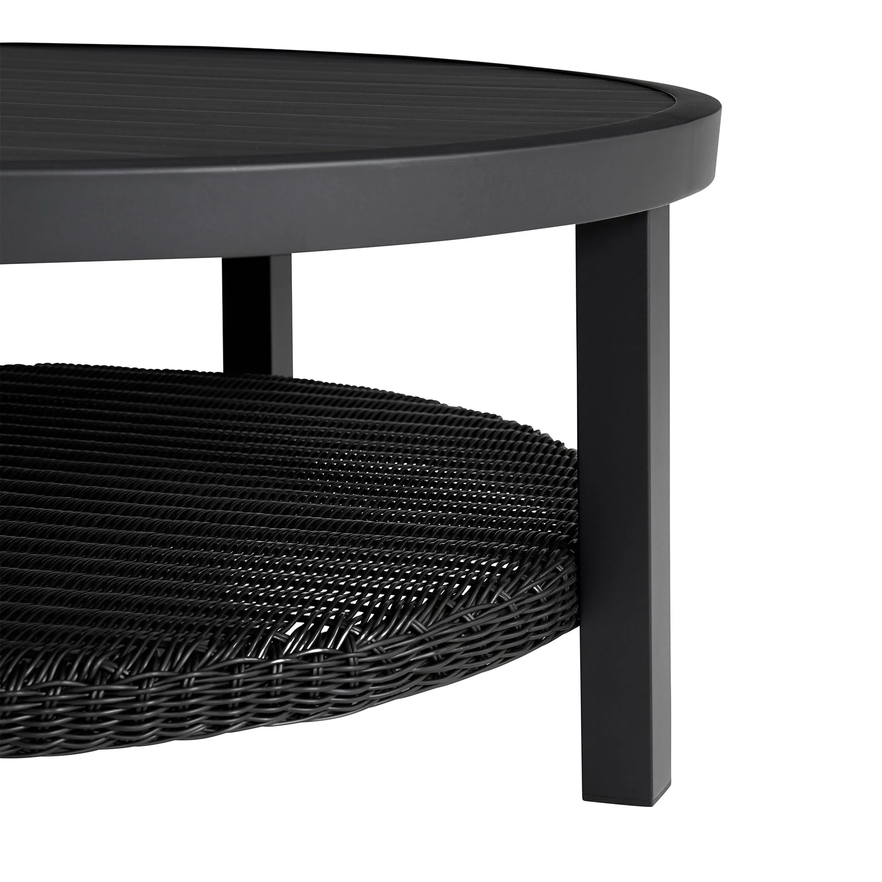 Cayman Black Aluminum Outdoor Round Conversation Table with Wicker Shelf - Image 3