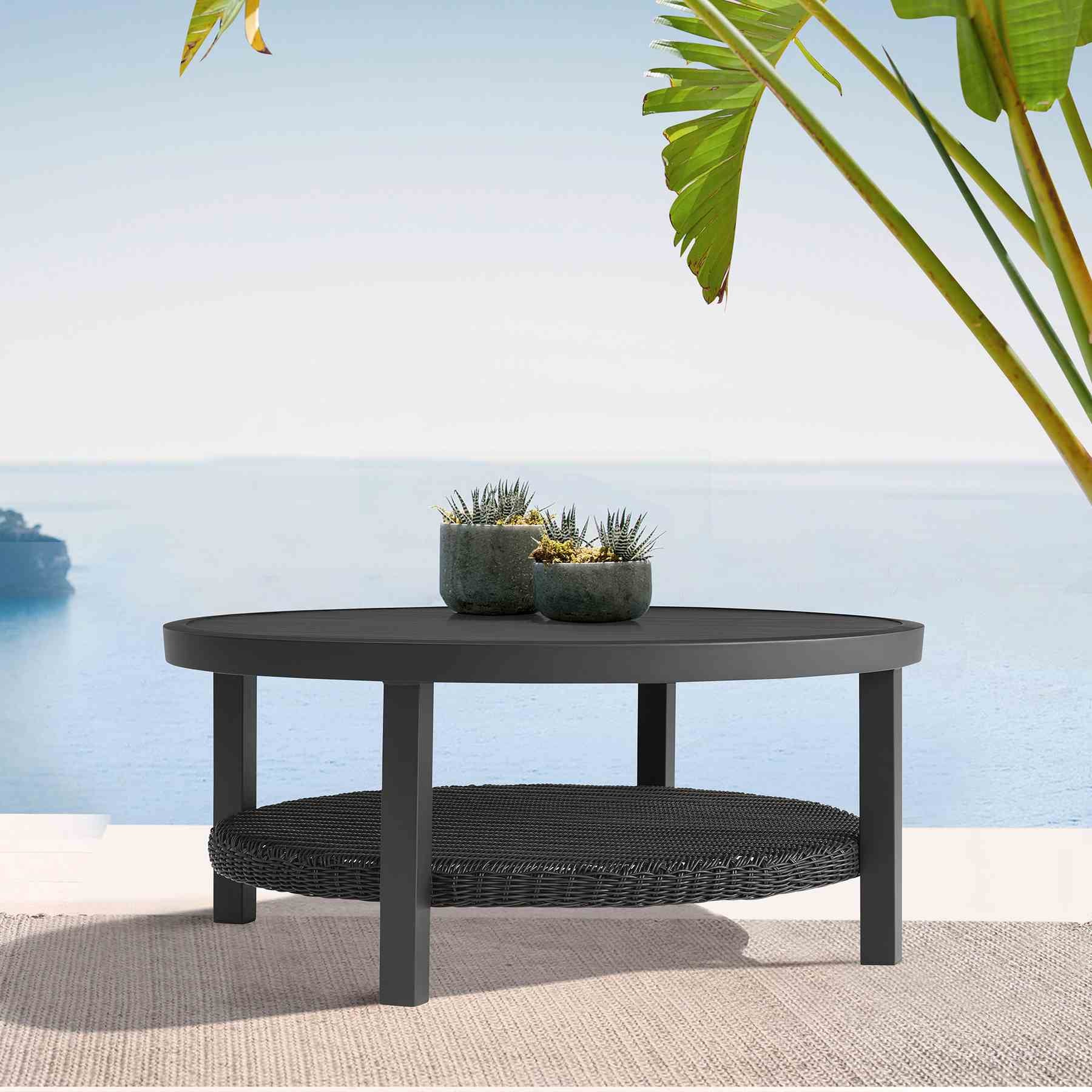 Cayman Black Aluminum Outdoor Round Conversation Table with Wicker Shelf - Image 7