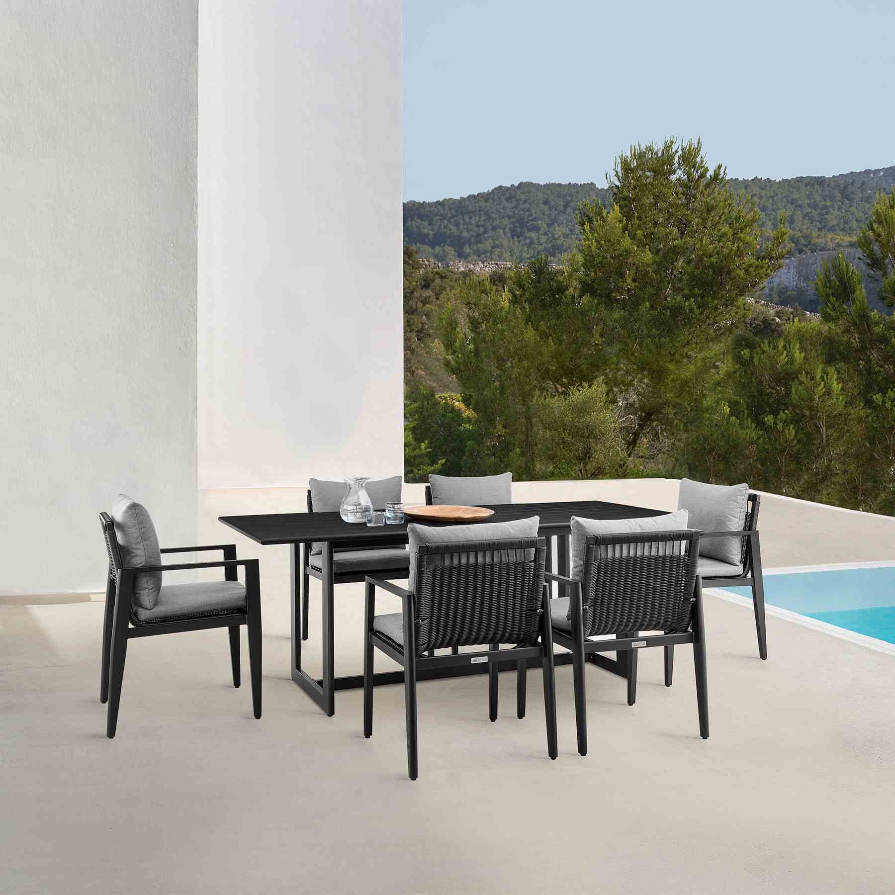 Cayman Outdoor Patio 7-Piece Dining Table Set in Aluminum with Gray Cushions - Image 12
