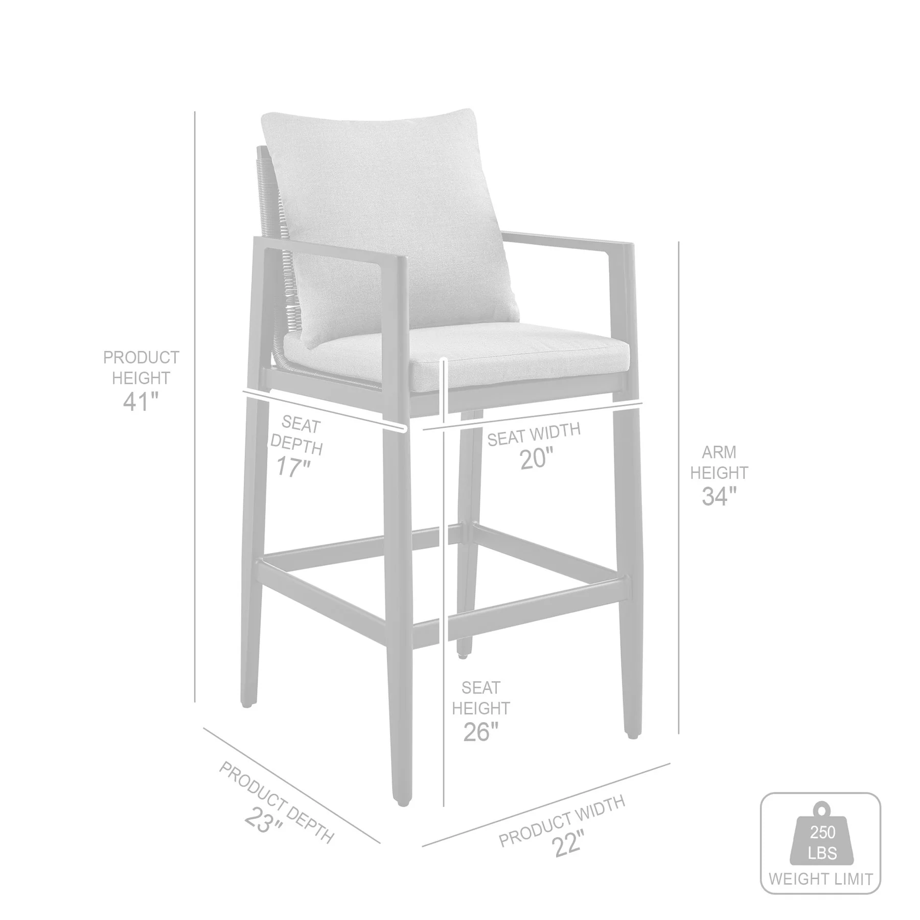Cayman Outdoor Patio Counter Height Bar Stool in Aluminum with Gray Cushions - Image 8