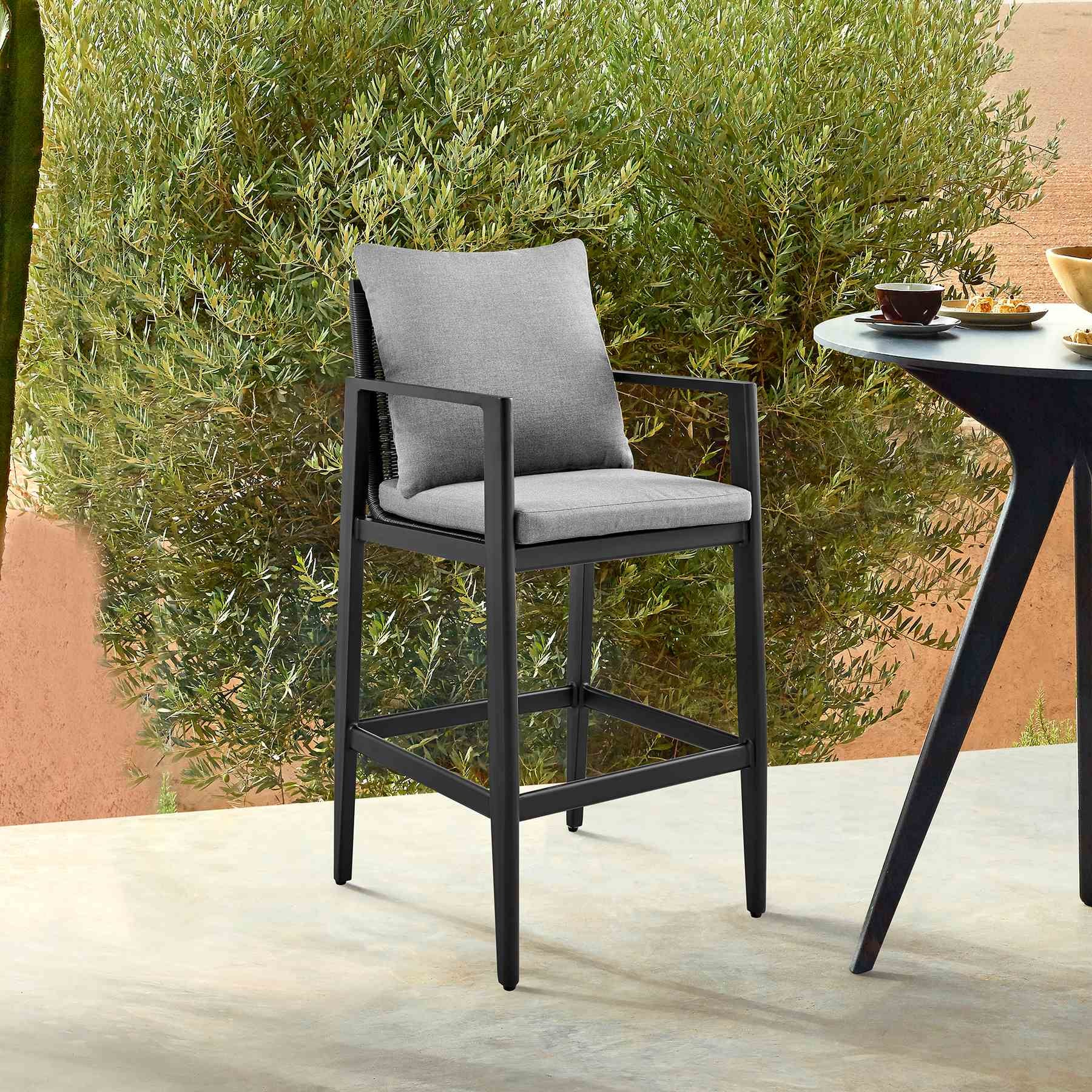 Cayman Outdoor Patio Counter Height Bar Stool in Aluminum with Gray Cushions - Image 9