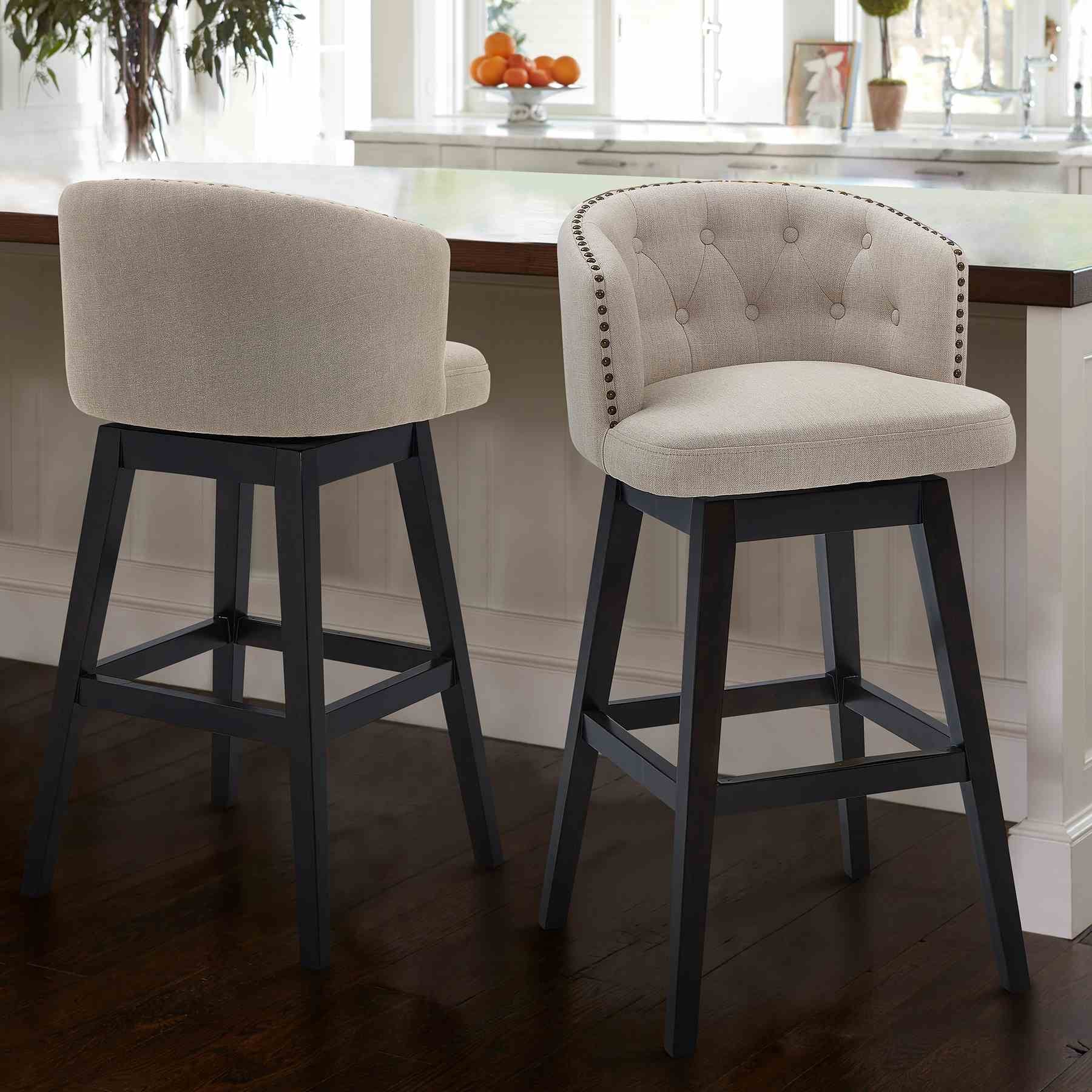 Celine 30" Bar Height Swivel Tan Fabric and Espresso Wood Bar Stool - Image 8
