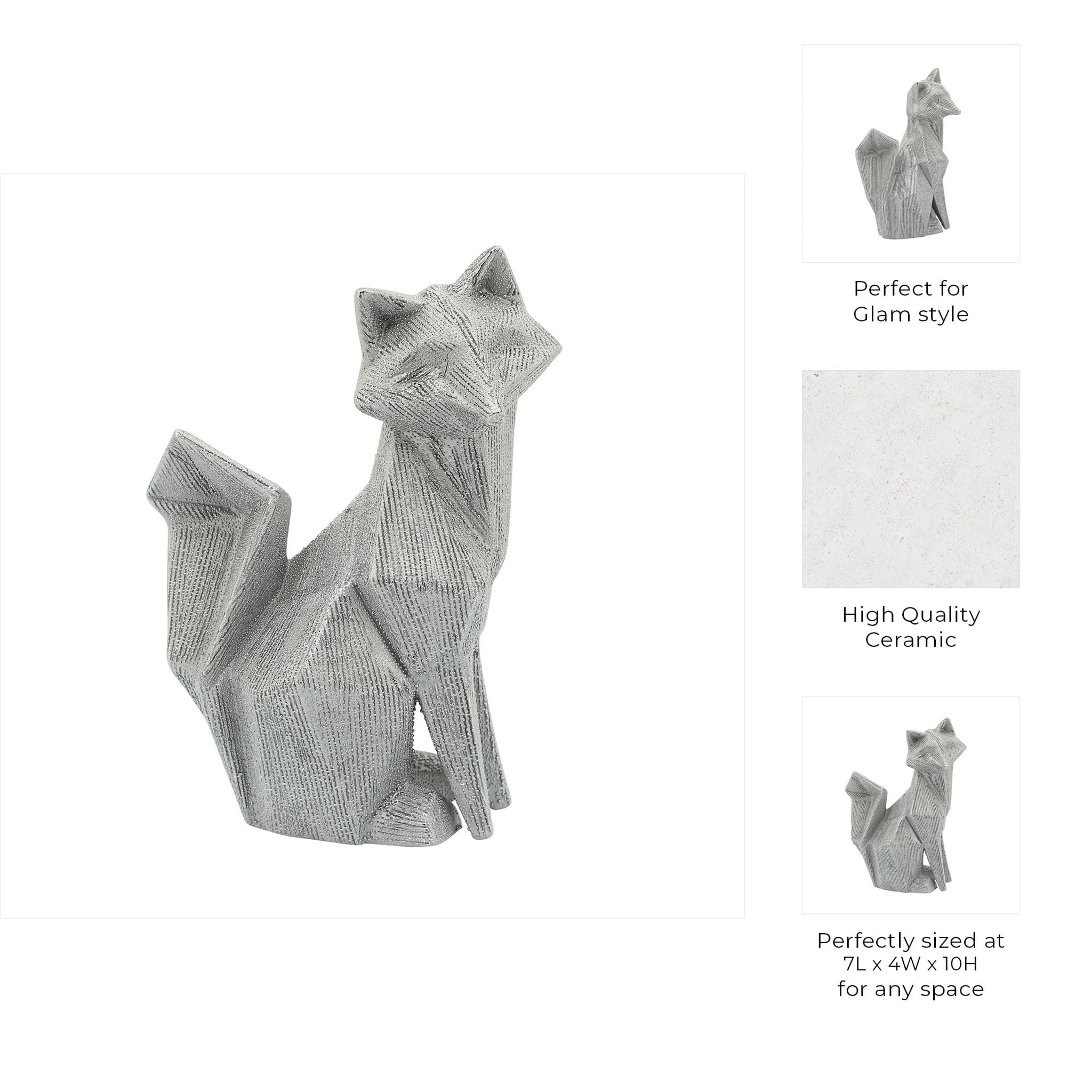 Cer, 10" Beaded Fox Figurine, Silver - Image 6
