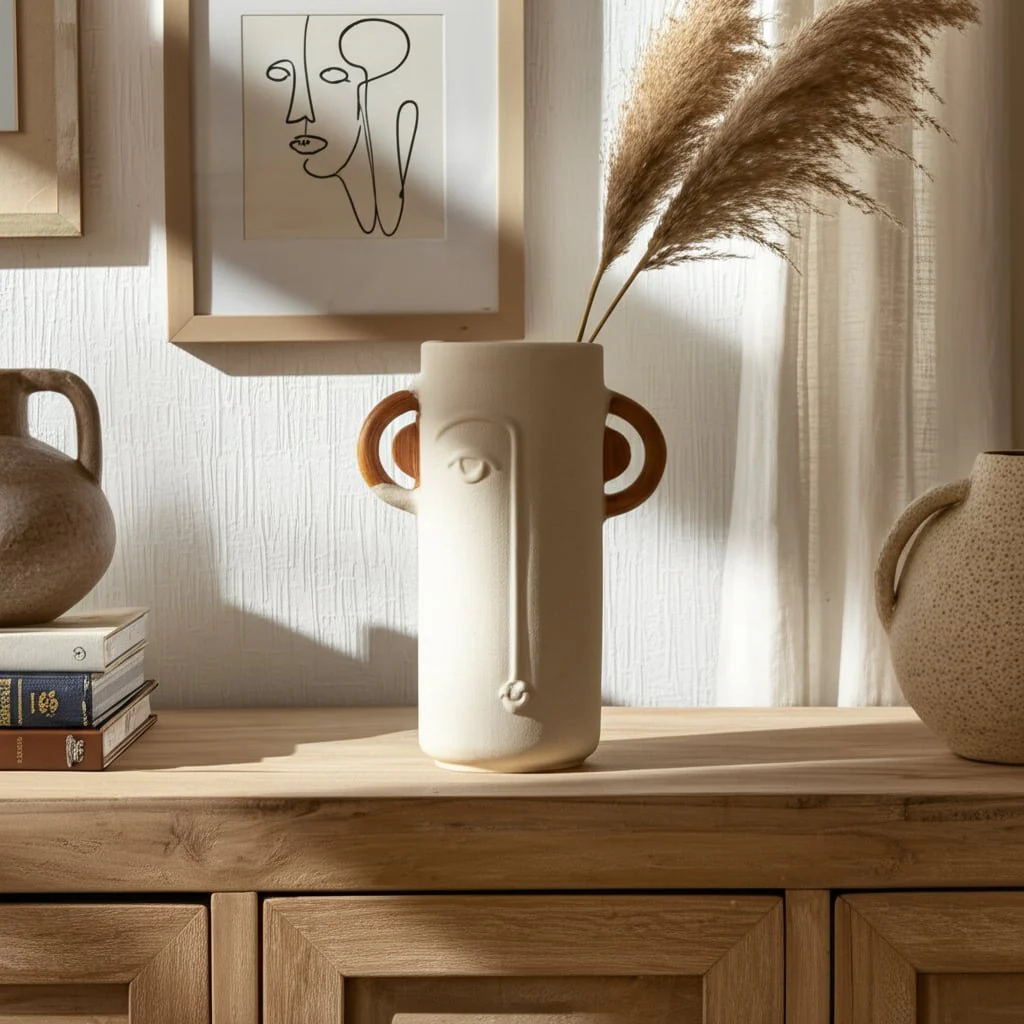 Cer, 10" Face Vase W/ Handles, Ivory - Image 11