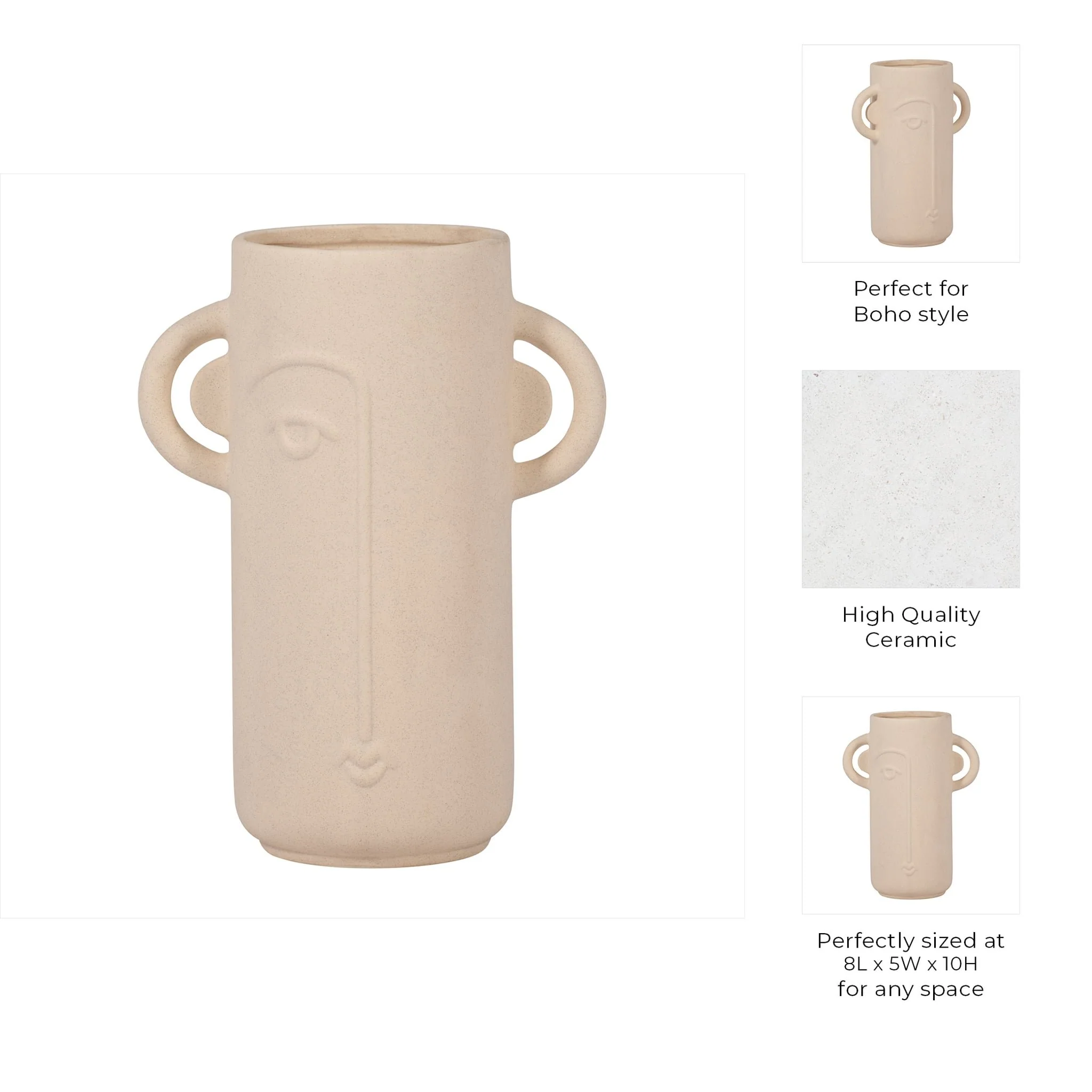 Cer, 10" Face Vase W/ Handles, Ivory - Image 9