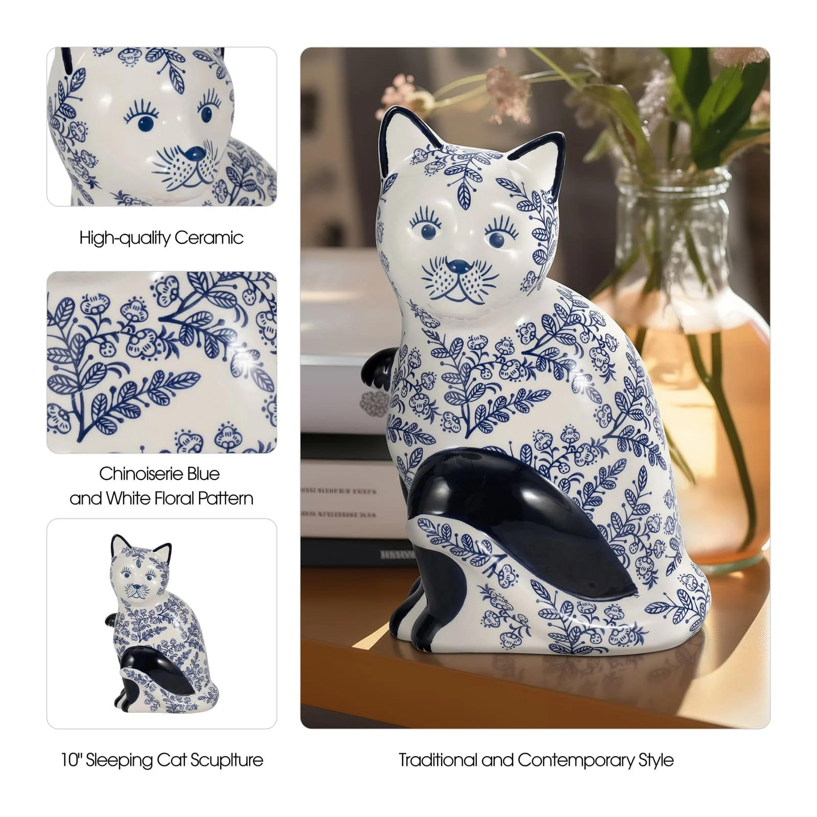 Cer, 10" Sitting Chinoiserie Cat, Blue/white - Image 10