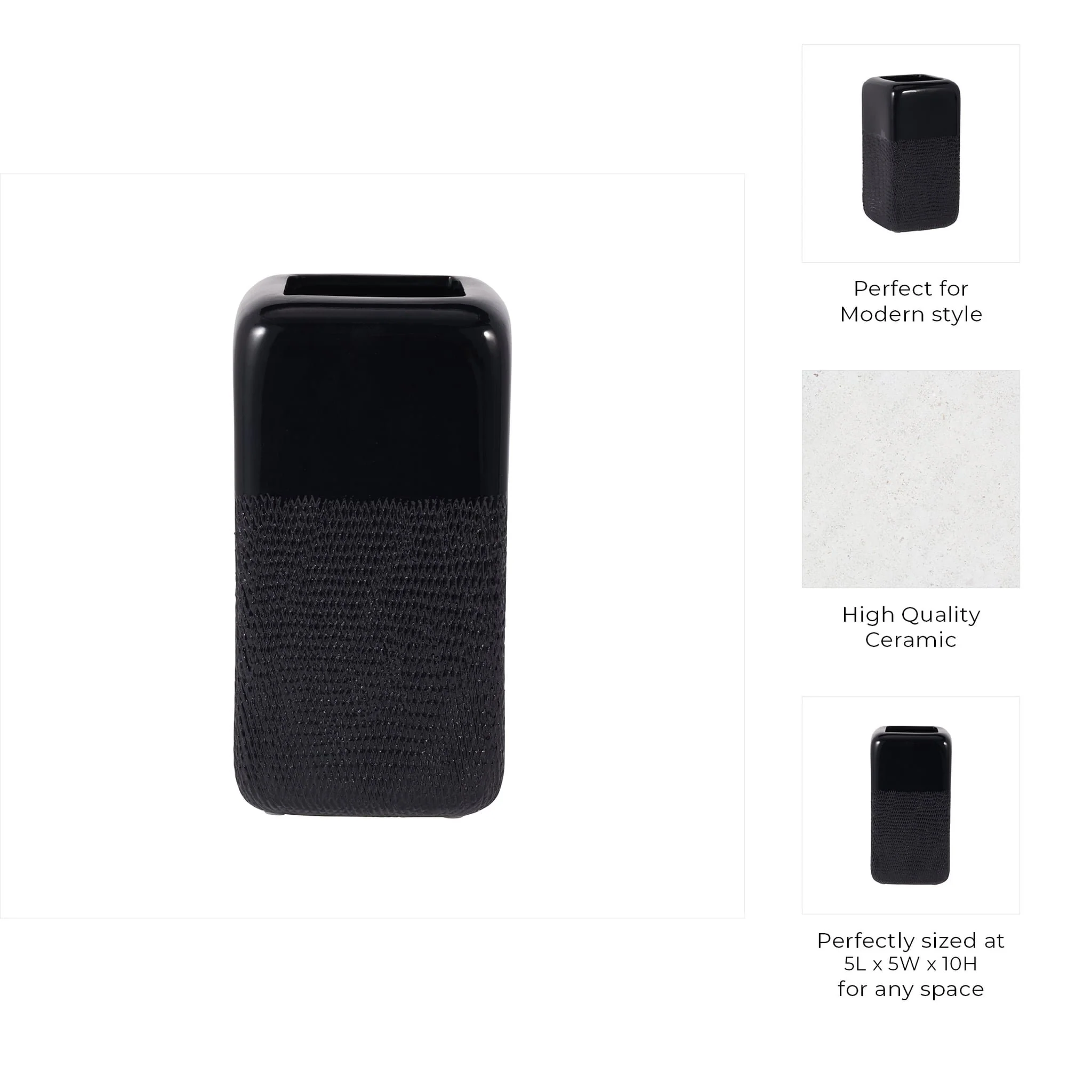 Cer, 10" Squared Grooved Vase, Black - Image 8