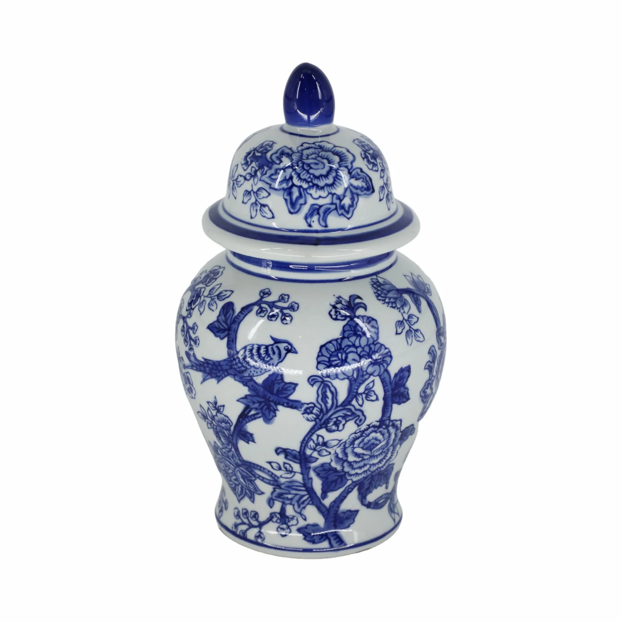 Cer, 10" Temple Jar Bird/flower, Blue - Image 3