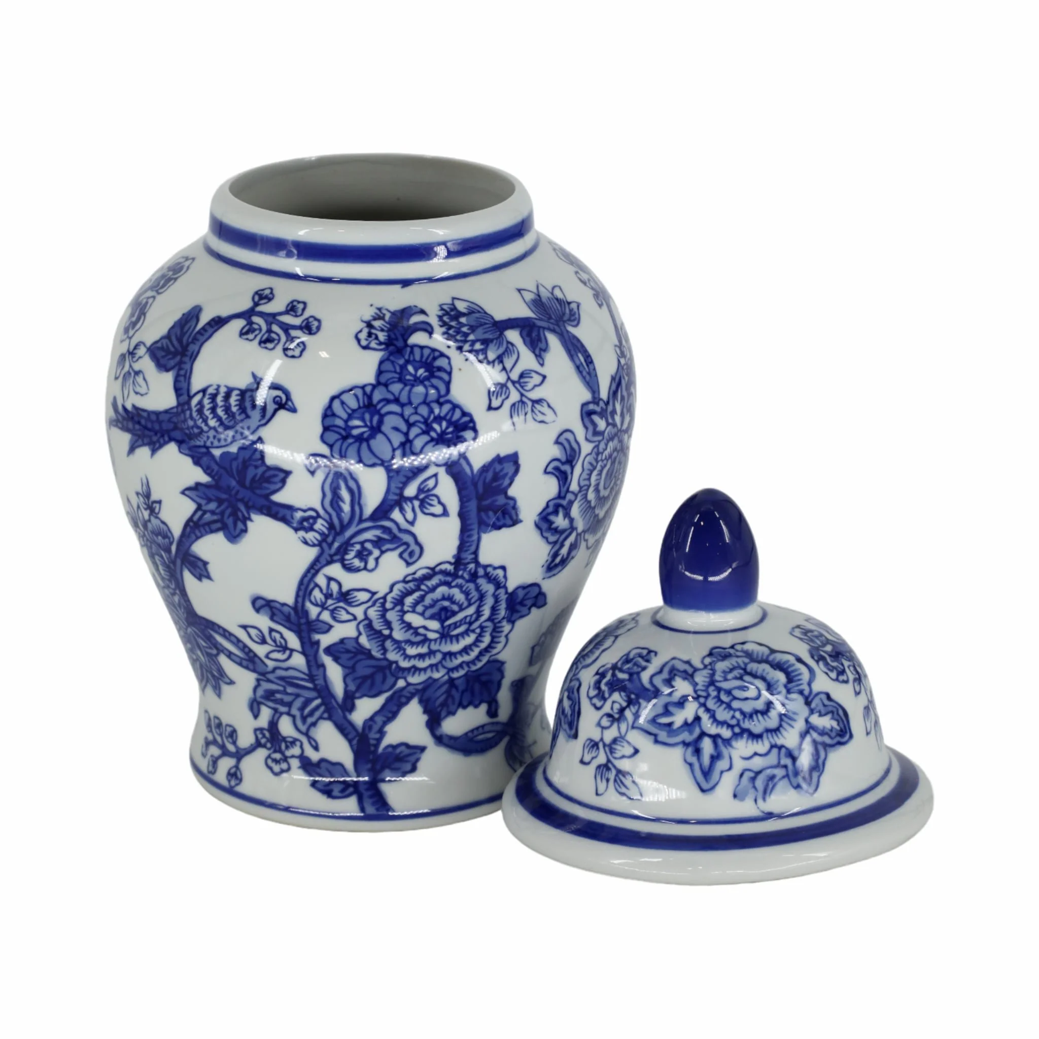 Cer, 10" Temple Jar Bird/flower, Blue - Image 5