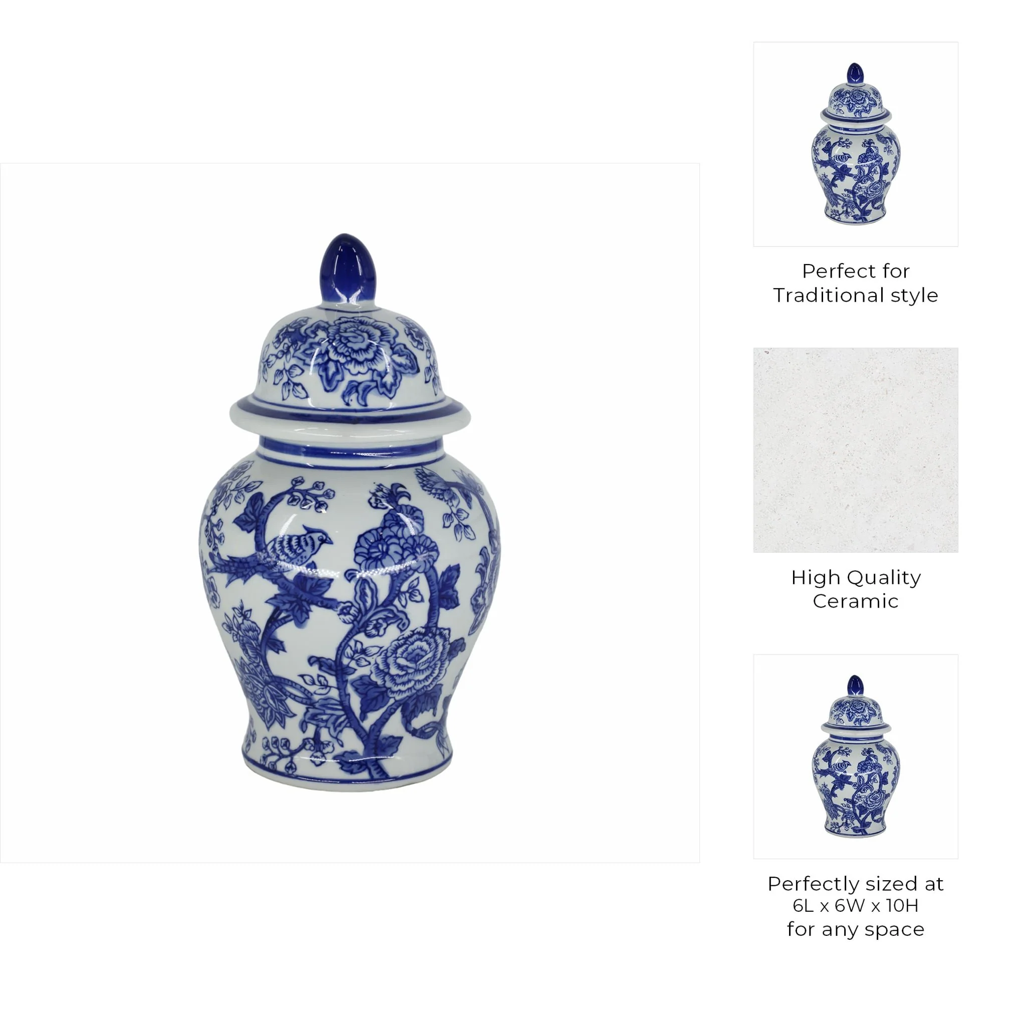 Cer, 10" Temple Jar Bird/flower, Blue - Image 9