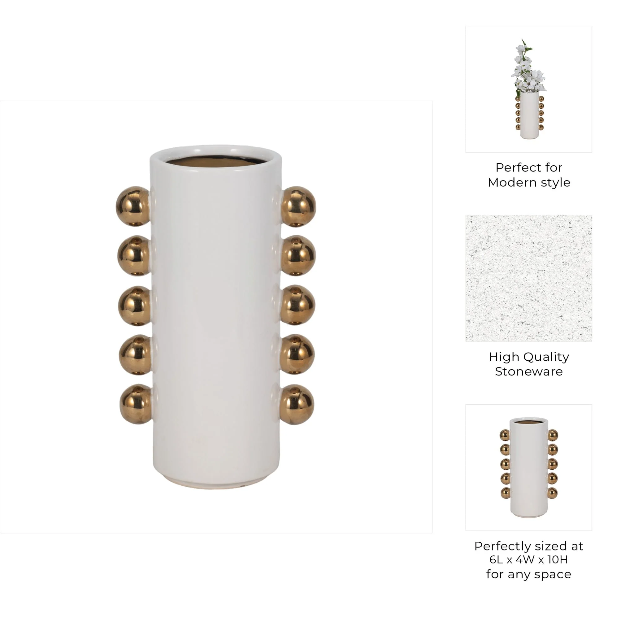 Cer, 10" Vase W/ Side Knobs, White/gold - Image 10