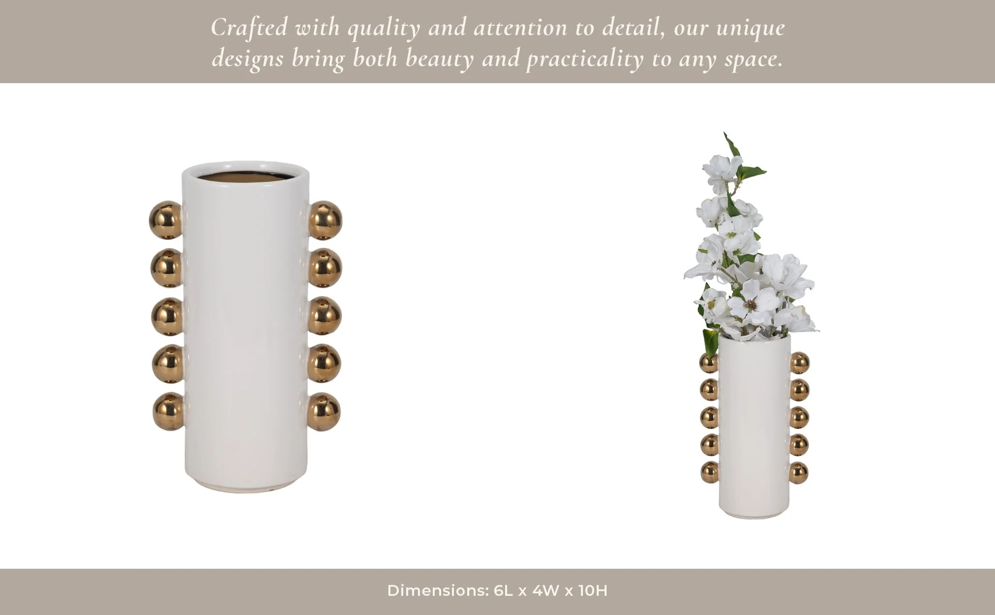 Cer, 10" Vase W/ Side Knobs, White/gold - Image 13