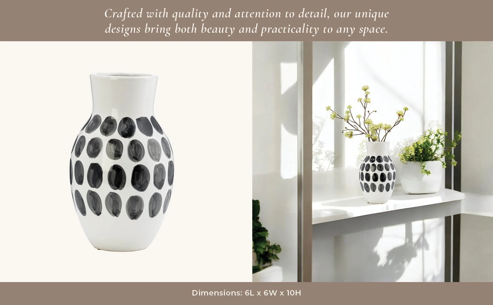 Cer, 10"h Blk Polk-a-dot Flower Vase, White - Image 11