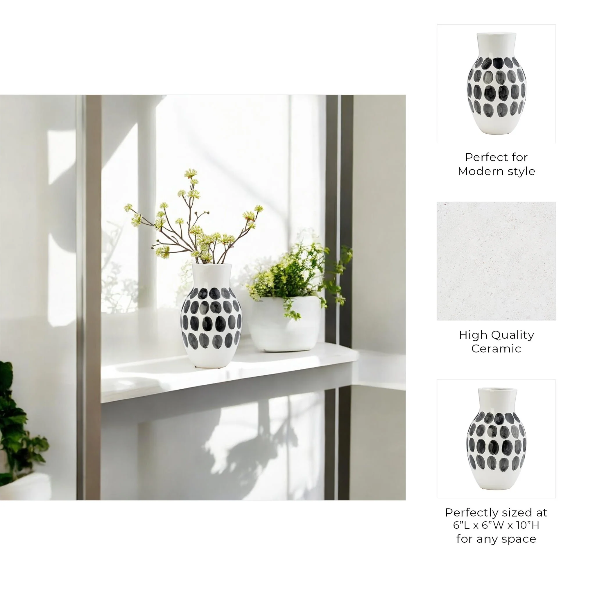 Cer, 10"h Blk Polk-a-dot Flower Vase, White - Image 9
