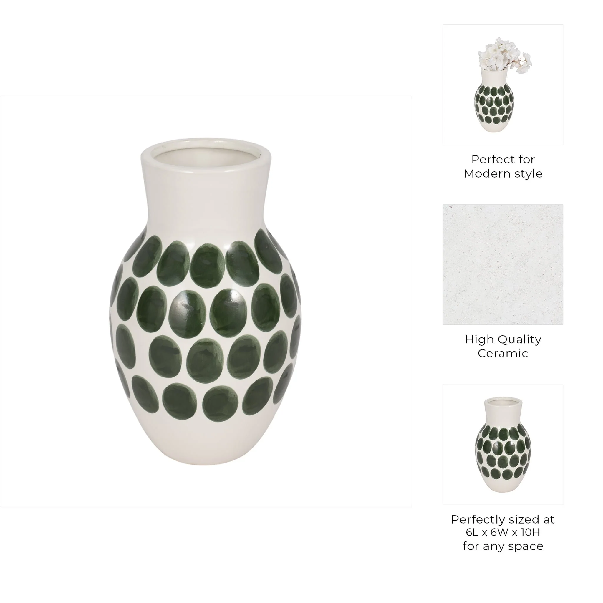 Cer, 10"h Forest Green Polk-a-dot Flower Vase,wht - Image 8