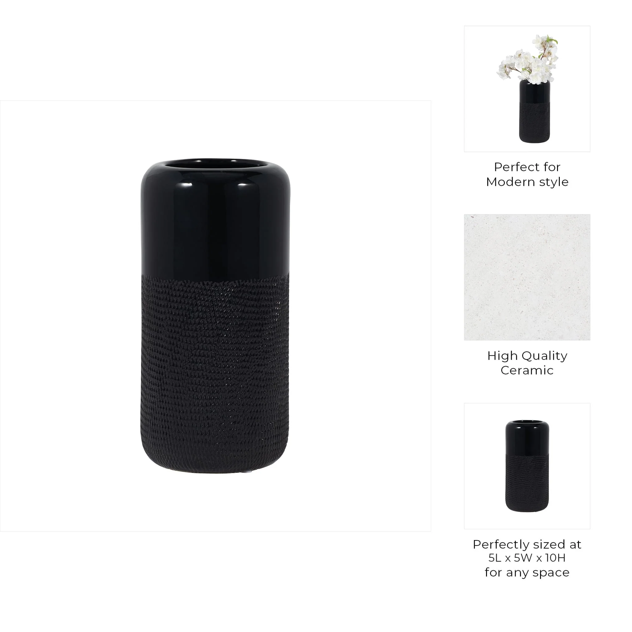 Cer, 10"h Grooved Vase, Black - Image 8