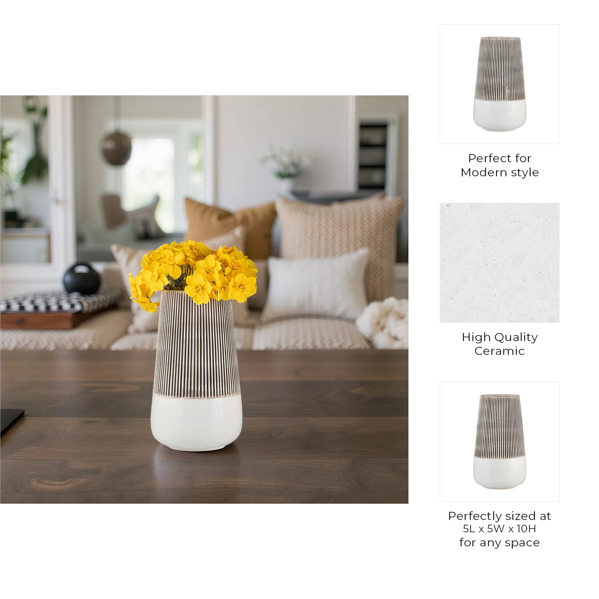 Cer,10"h Ridged Vase, Ivory - Image 8