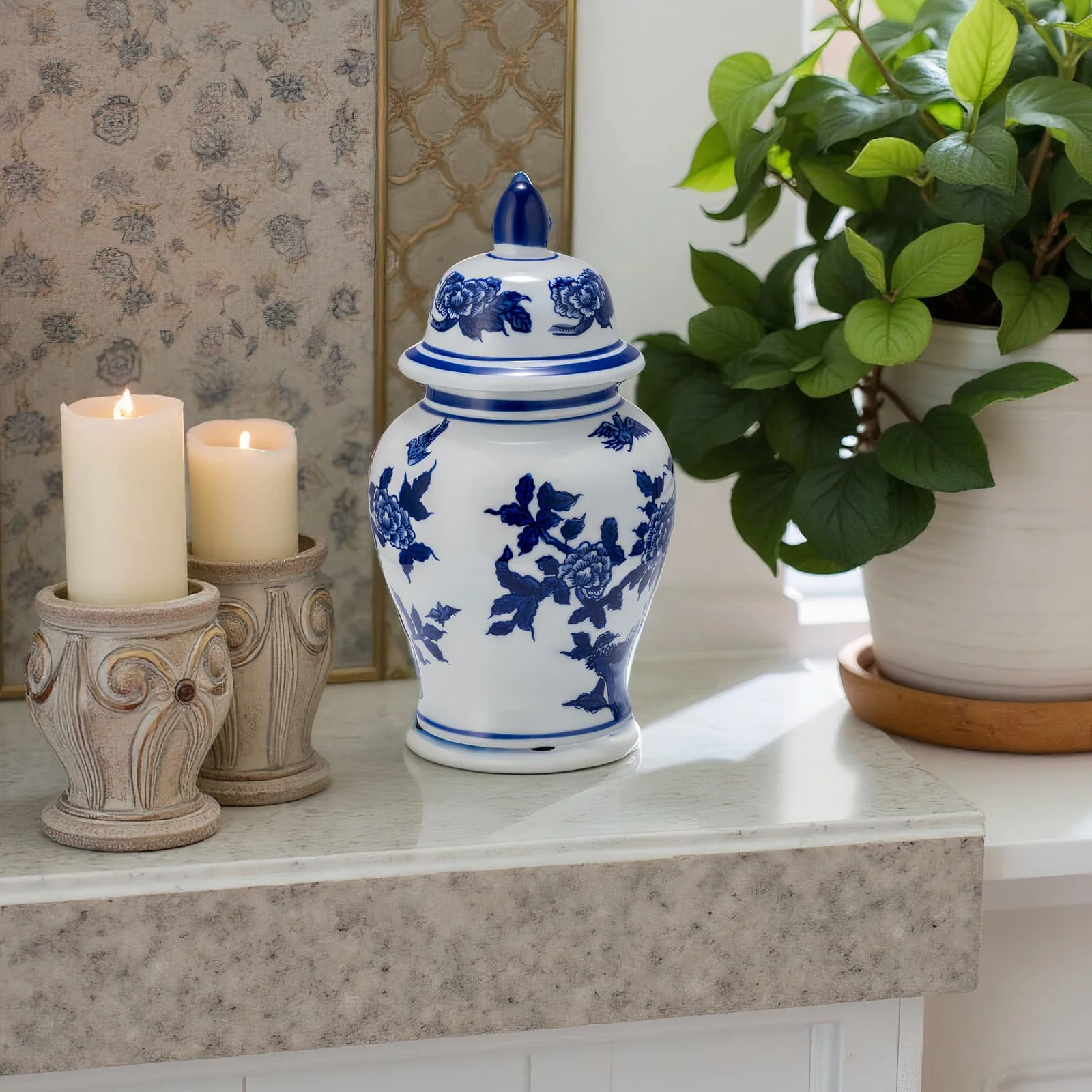 Cer, 10"h Temple Jar, Blue/white - Image 6
