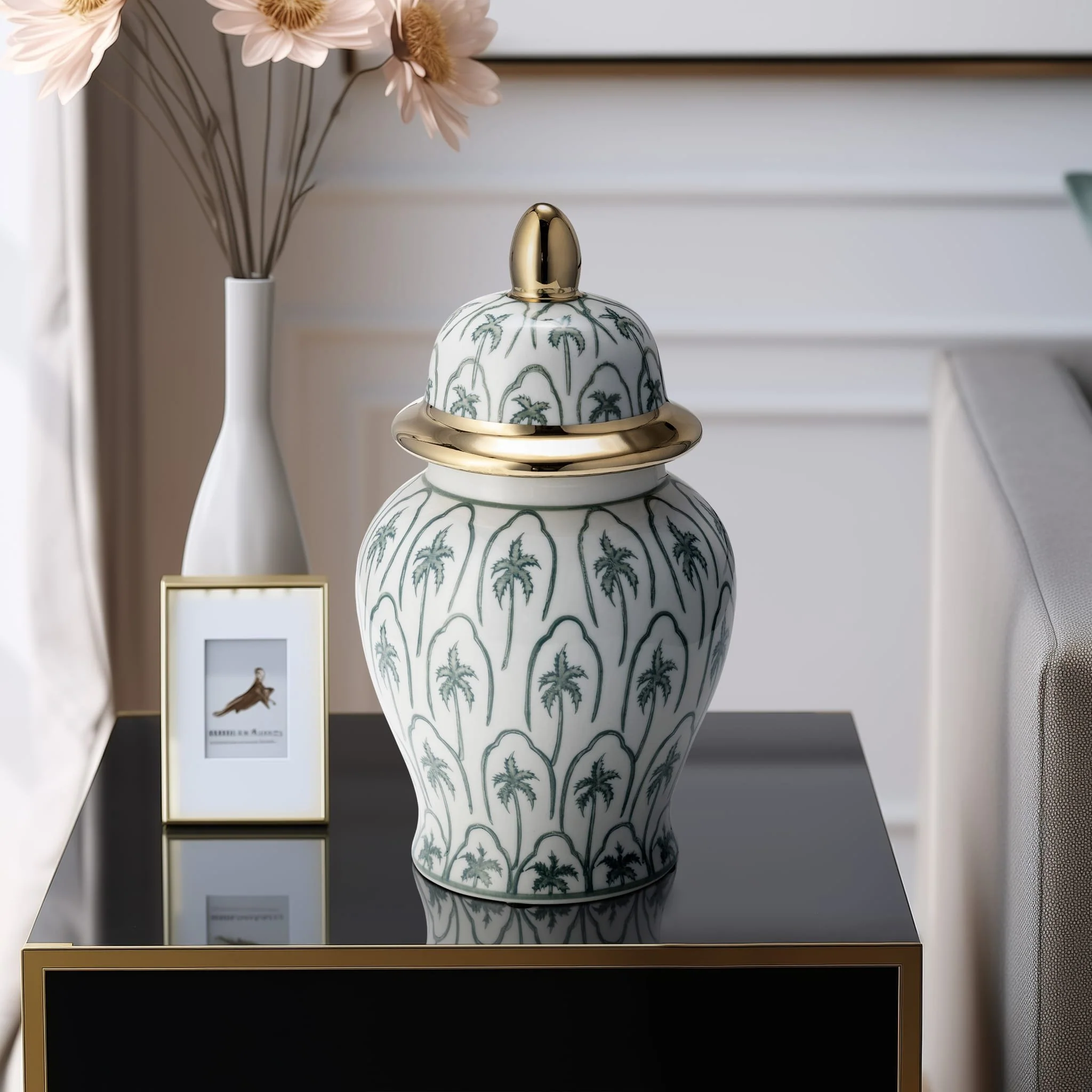 Cer, 10"h Temple Jar, Green/gold - Image 11