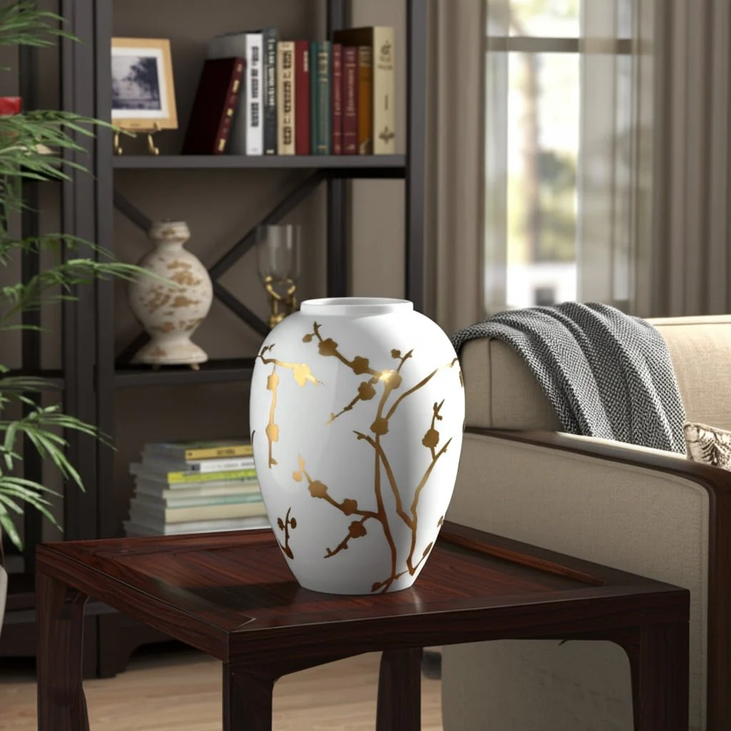 Cer 10"h, Vase W/ Gold Decal, White - Image 10