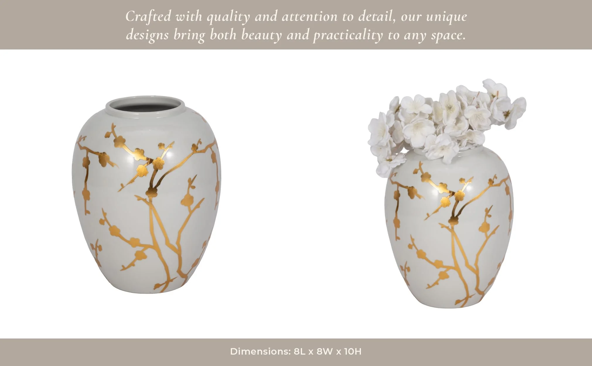 Cer 10"h, Vase W/ Gold Decal, White - Image 13